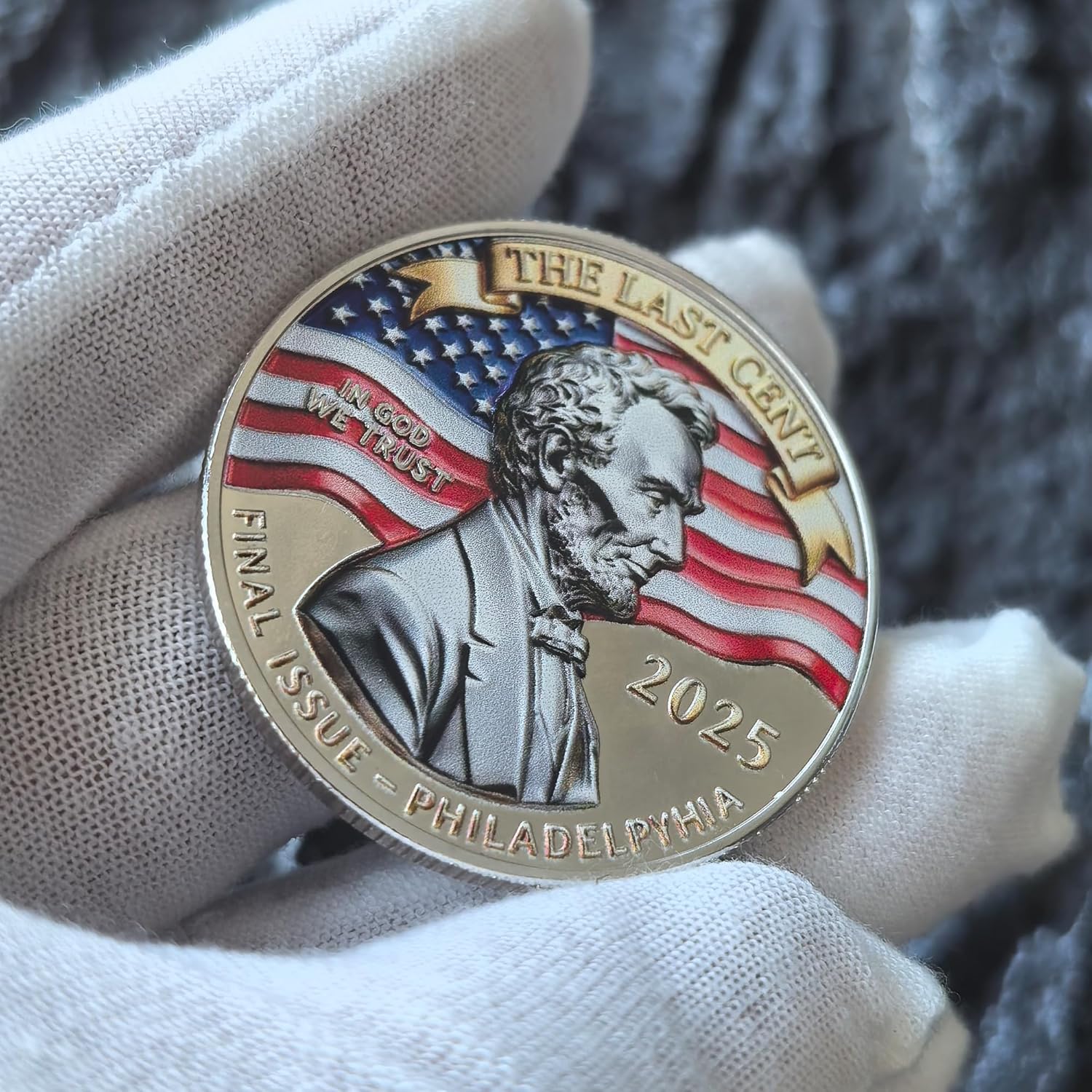 Lincoln Penny Retirement Challenge Coin – Final Cent Tribute with Eagle & Flag Design, 2025 Metal Token in Protective Case