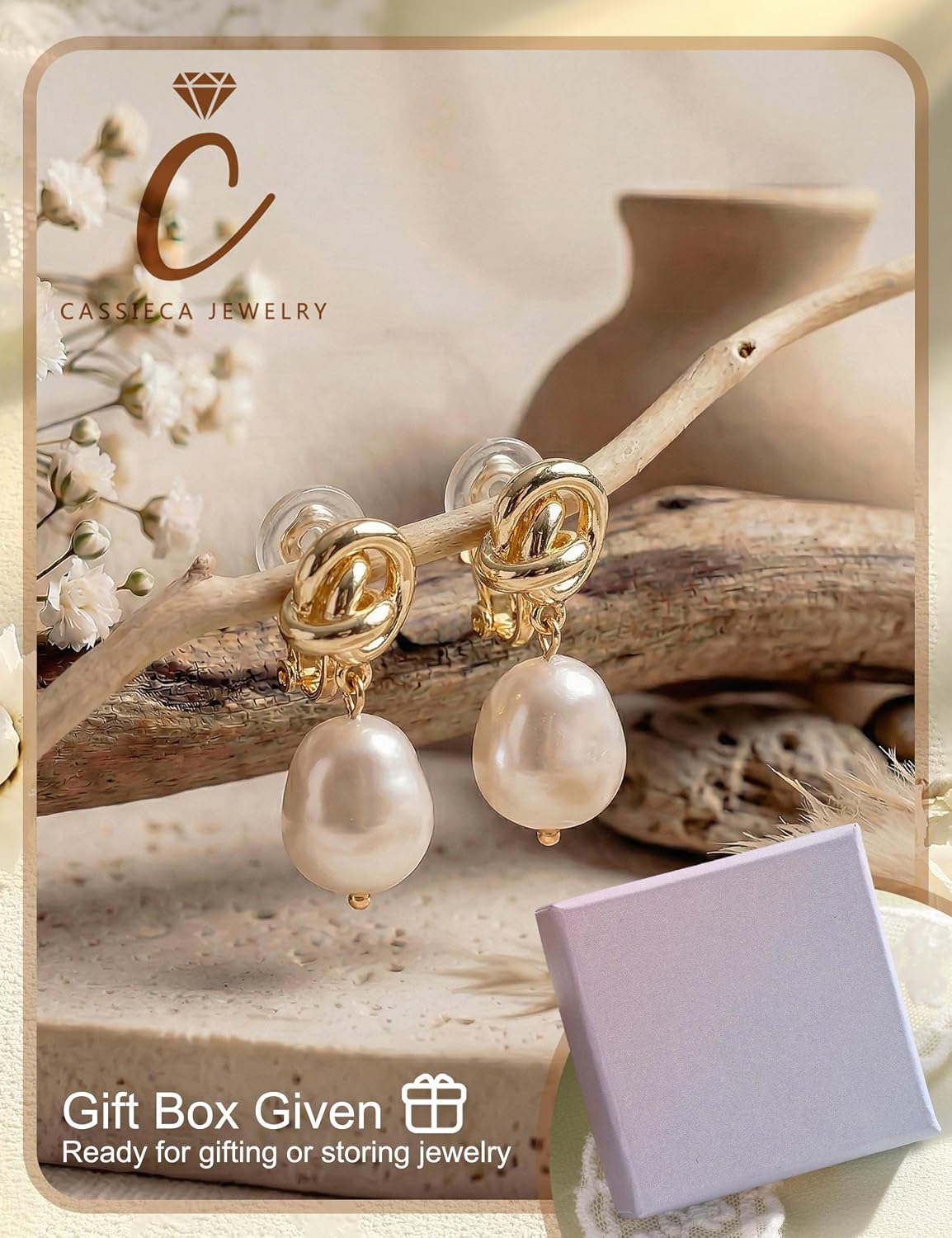 CASSIECA Clip on Earrings Women Pearl Earrings Hypoallergenic 14K Gold Plated Non Pierced Earring Comfortable Fake Drop Dangle Cubic Zirconia Lightweight Pearl Accessories Jewelry Gift Knot
