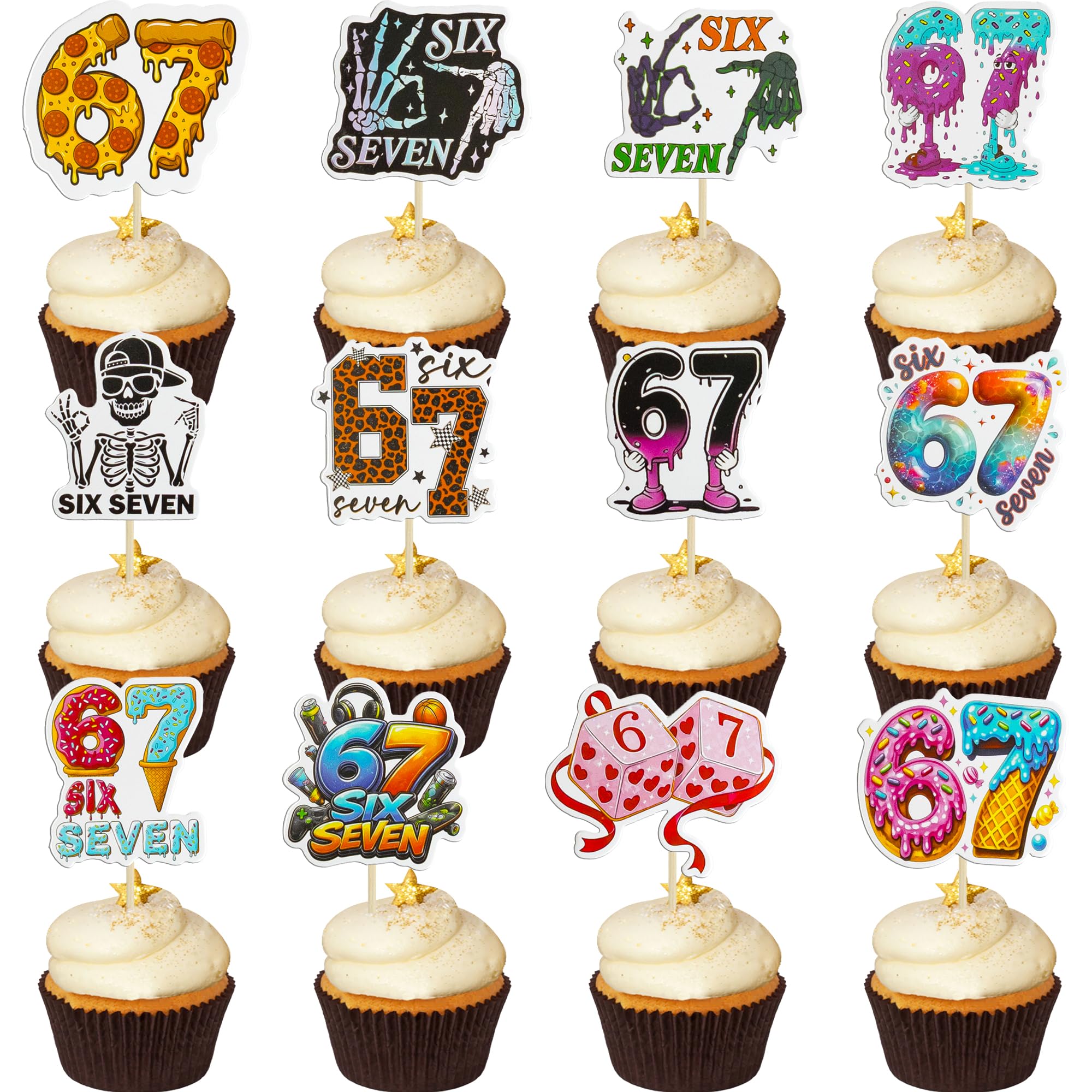 Gyufise 36Pcs Six Seven Cupcake Toppers Funny 6 7 Party Decorations Funny Six Seven Birthday Cake Decorations for Donut Ica Cream Baseball 6 7 Theme Party Supplies Multicolor