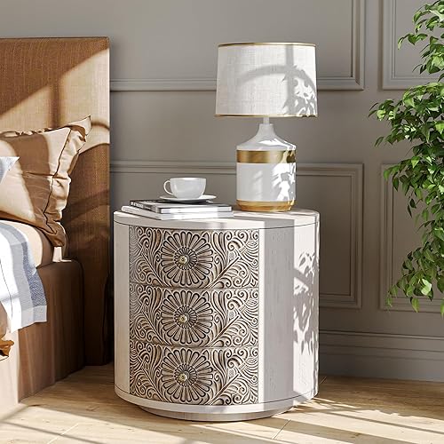 Miniatura 7 de SUNBURY Mesa auxiliar para sala de estar, mesa auxiliar pequeña con 3 cajones, mesita de noche vintage, elegante mesita de noche pequeña para