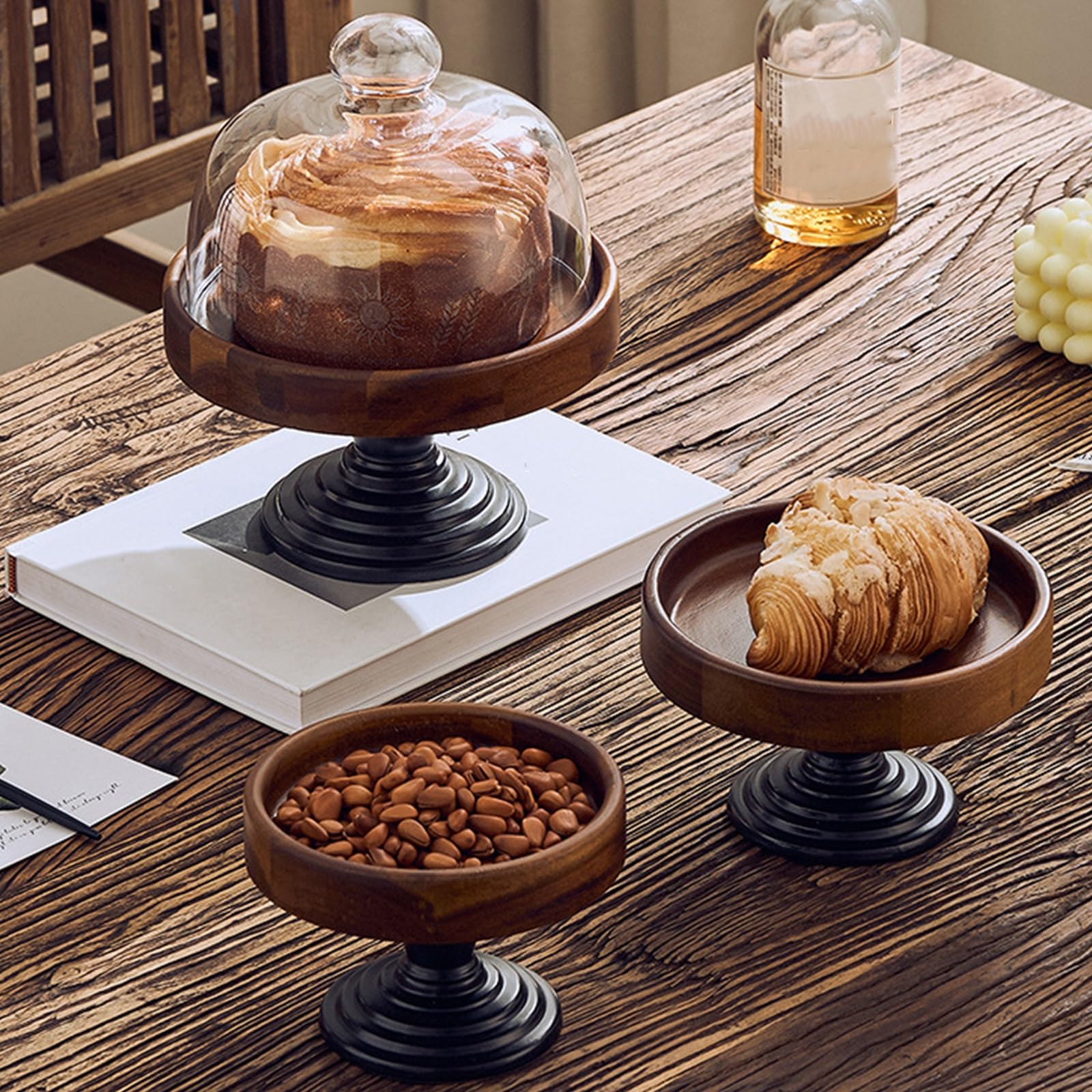 Plato de cristal para tartas con tapa, soporte de madera para exhibición de postres, plato de pastel a prueba de polvo para fiestas, ideal para pasteles y pasteles, elegante plato para servir
