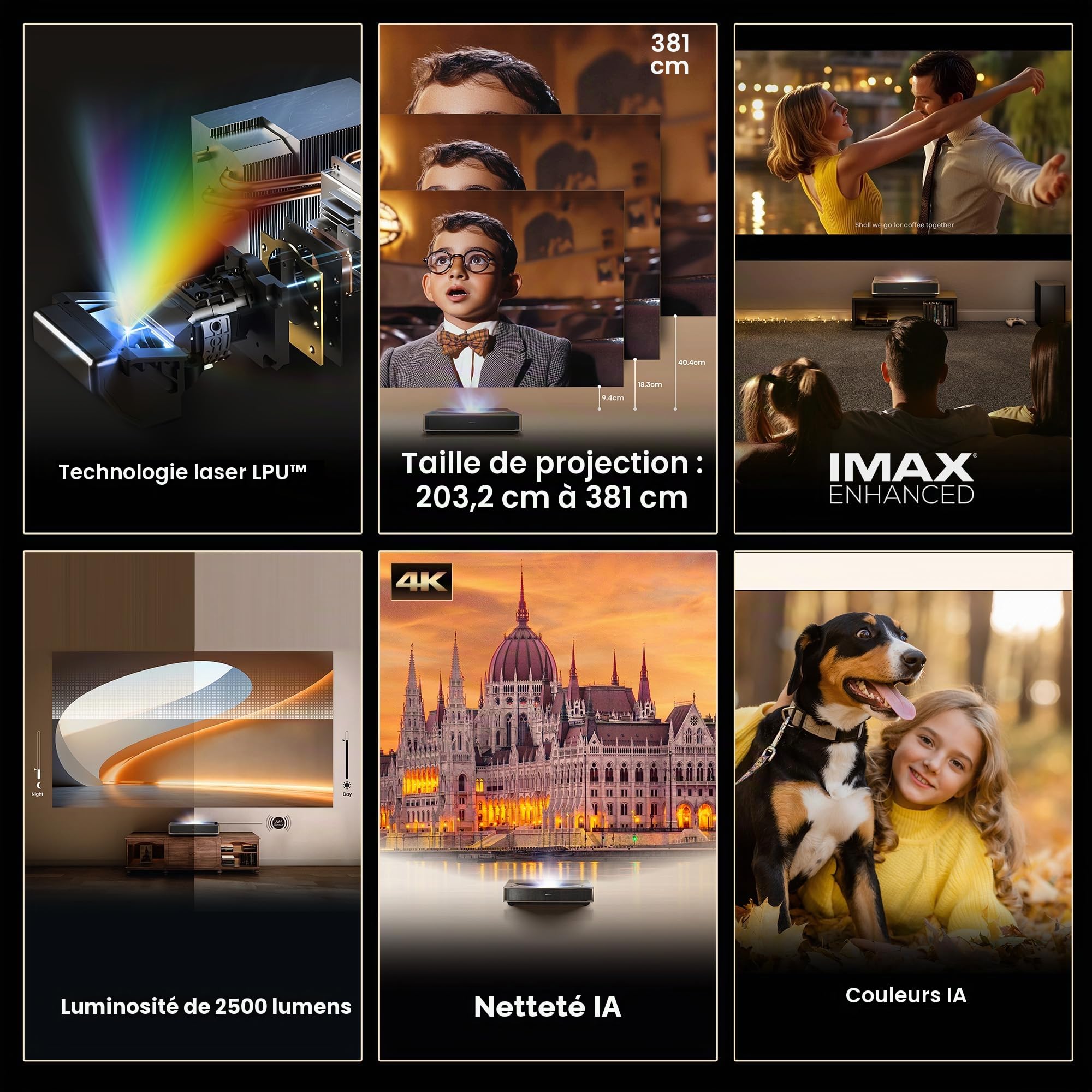 Hisense Laser Cinema PT1, Taille de Projection 80''-150", LPU Tech, 4K, IMAX Enhanced, Dolby Vision, Dolby Vision, HDR10+, luminosité 2500 lumens, Ultra Court, 3D, taux de rafraîchissement 240 Hz