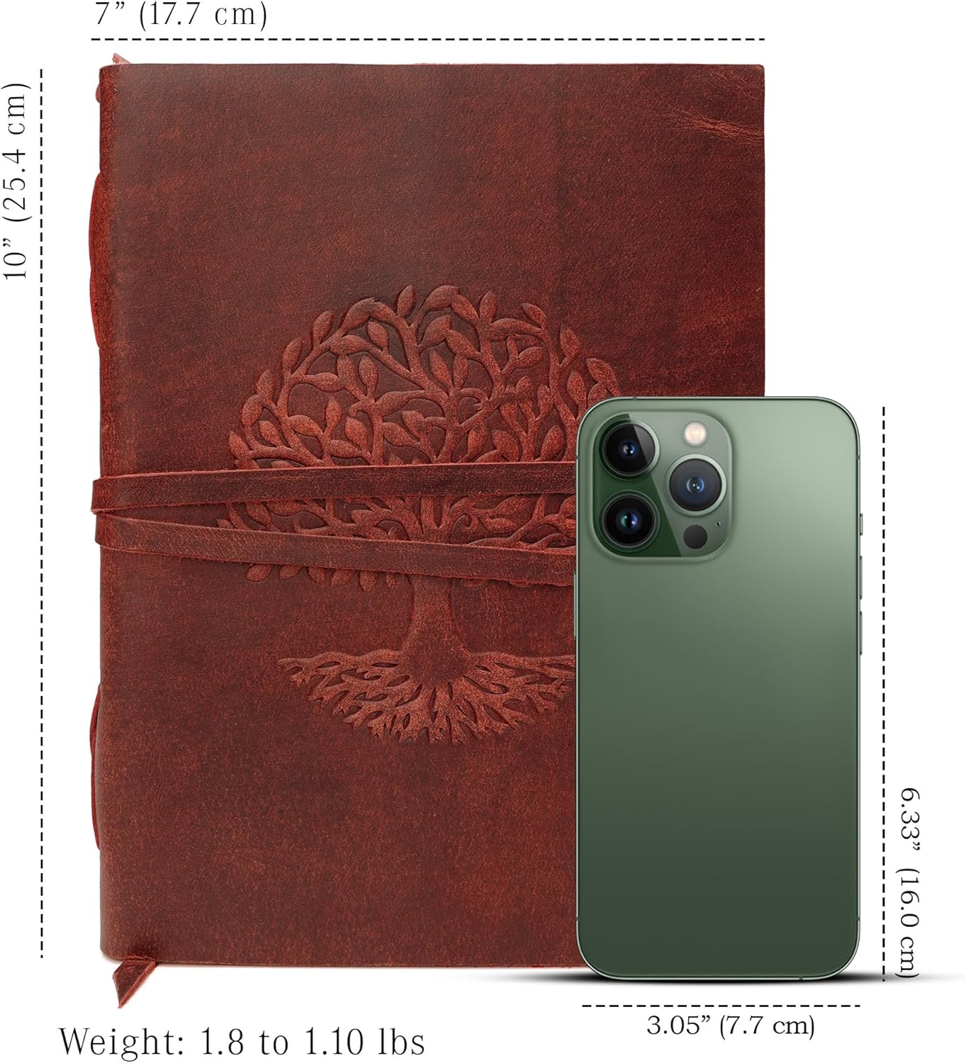 Tree Of Life Leather Journal for Women and Men, Handcrafted Leather Journal for Writing Womens, Sketchbook, Travel Diary with Unlined Deckle Paper, Wine Red 7x10