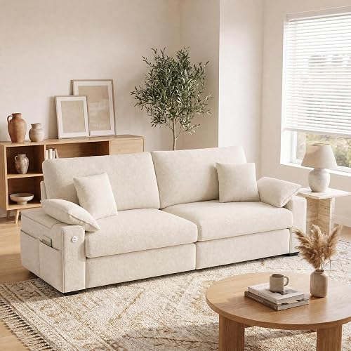 Oversized Sofa with Armrest Storage, USB & Type-C Fast Charging, Removable Washable Cover, Solid Wood Legs, Modern Furniture for Living Room Apartment Office, Beige