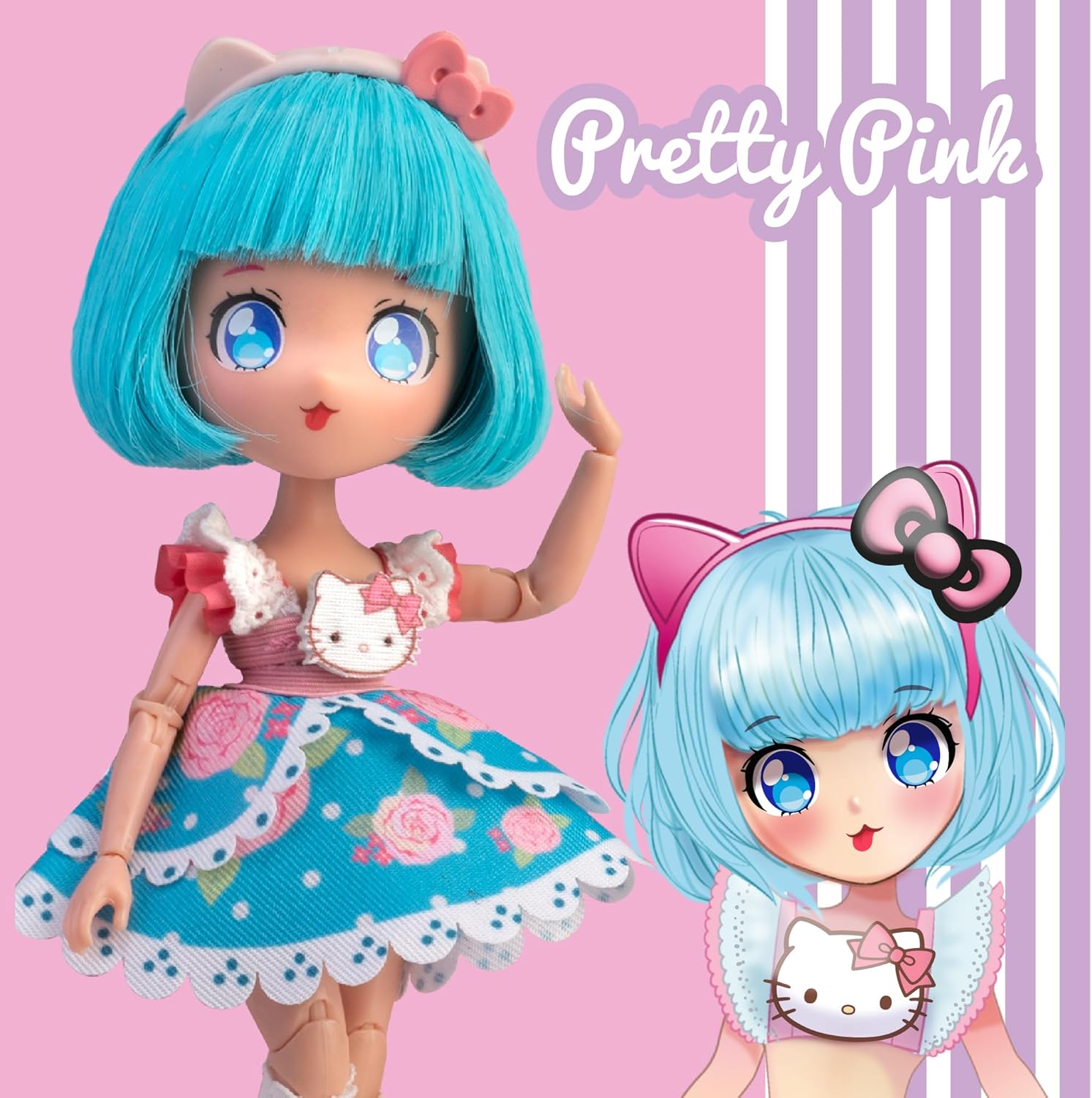 Hello Kitty Official Manga Doll - Blue Pretty Pink Edition - Cute Sanrio Collectible with Stylish Outfit & Kawaii Details - Great Gift Fans & Collectors - Ages 3+
