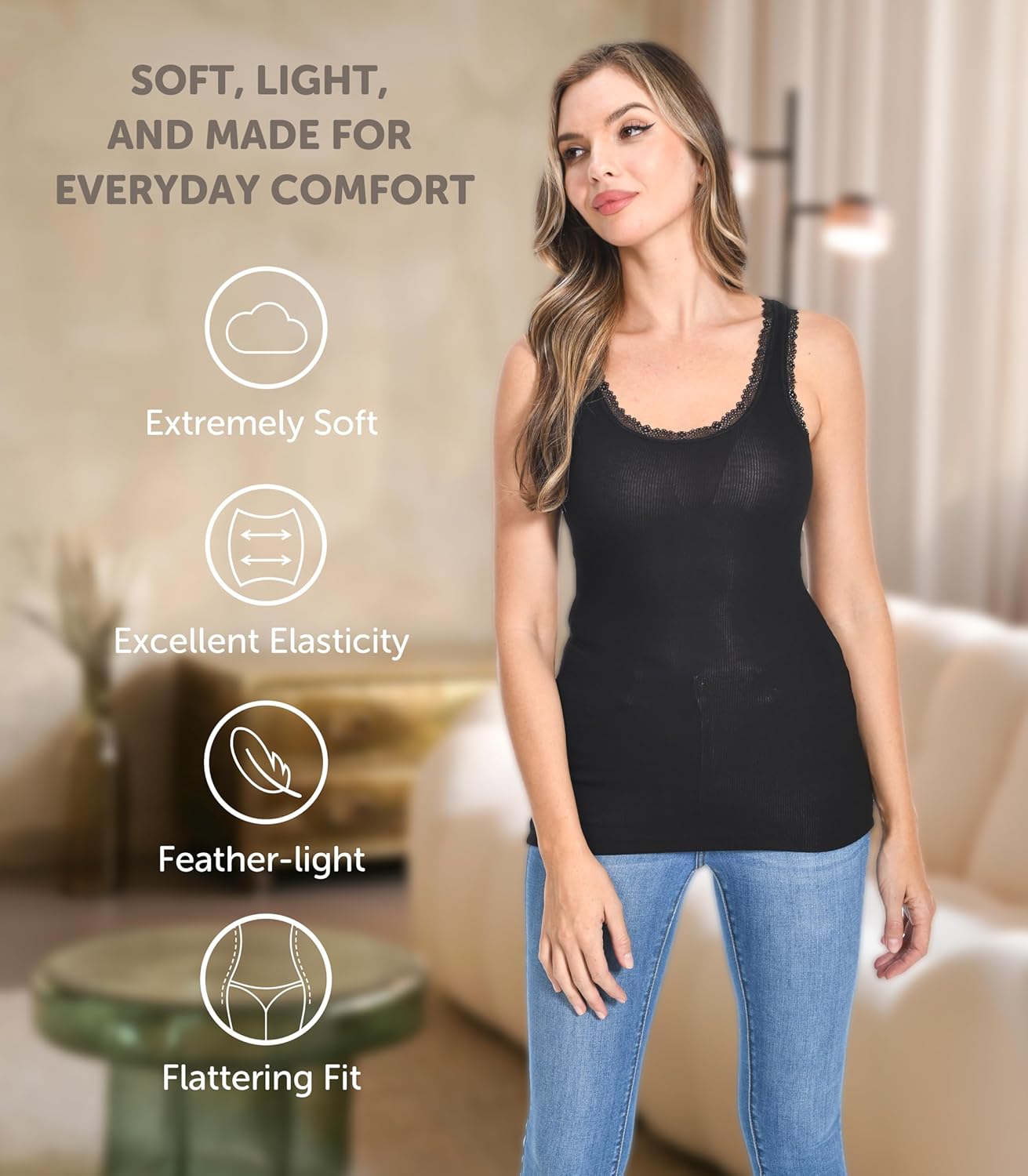 Comfneat Women's 3-Pack Sleepwear Lace Trim Tank Tops Stretchy Undershirts - Image 2