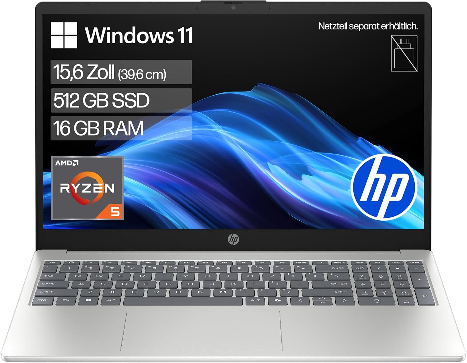 HP Laptop, 15,6" FHD, AMD Ryzen 5, 16GB RAM, 512GB SSD | Zuverlässiger Laptop für Alltag, Office, Homeoffice und Streaming mit Windows 11 – ohne Netzteil, QWERTZ, Jet Black