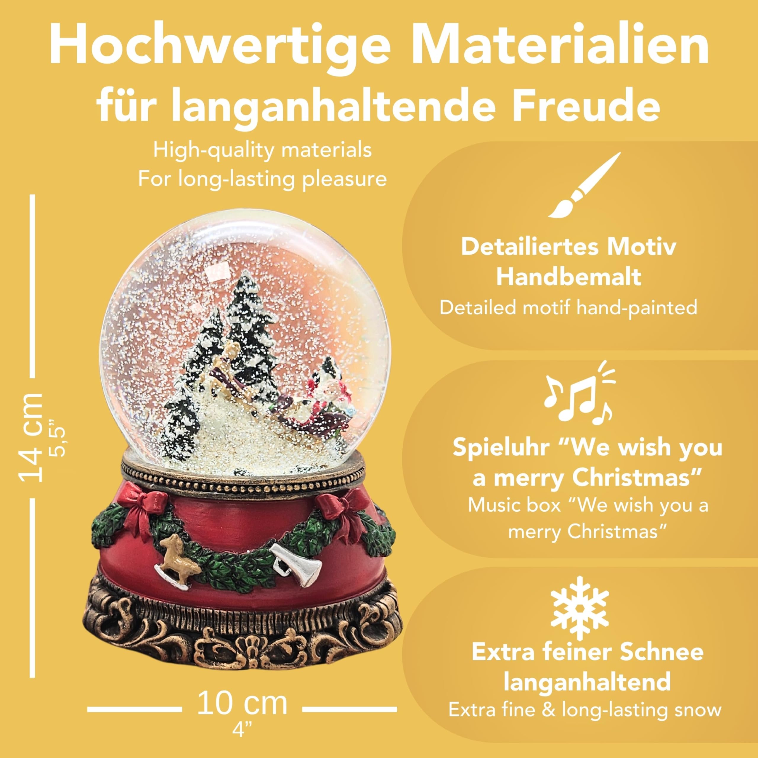 Schneekugel Weihnachten Spieluhr | Santa im Schlitten | Sockel Weihnachten rot Tannengirlande | mit Musik | Schüttelkugel Weihnachtsdekoration | B: 10 cm H: 14 cm | 20276