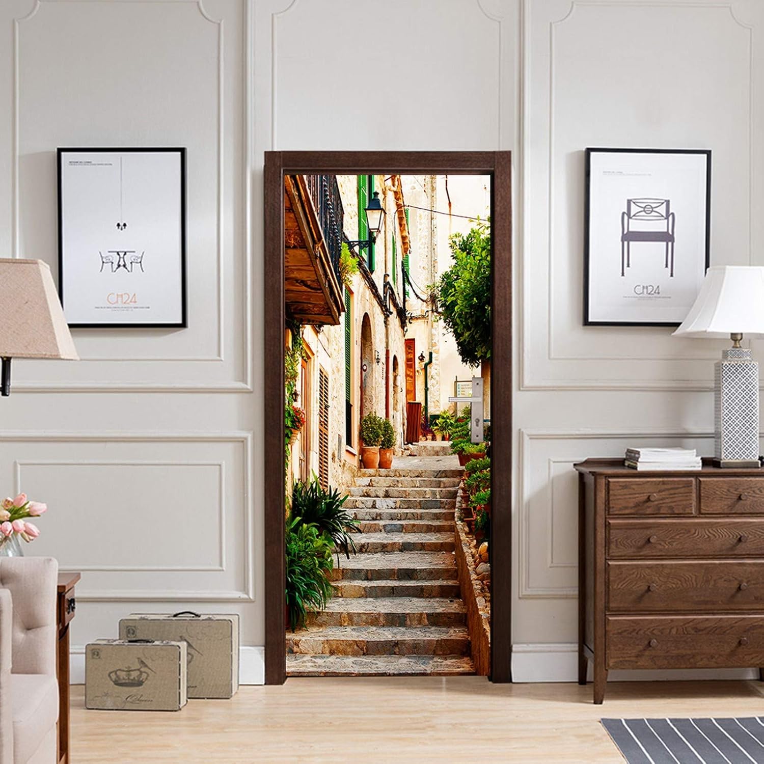 A.Monamour 3D Door Stickers for Interior Doors Stone Stairs Street in Valldemossa Village in Mallorca Spain Vinyl Waterproof Self Adhesive Door Mural Decals for Bedroom Office Bathroom 77 x 200 cm