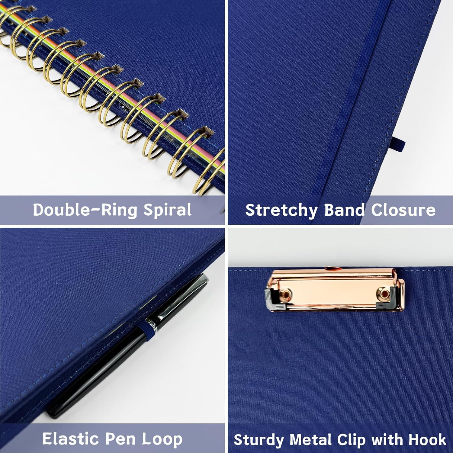 Clipboard Folio with Storage for Letter Size, Spiral Clipboards with 3 Storage Zipper Pouch, 5 Dividers with 10 Pockets, Refillable Lined Notepad, Hardcover Folio for Work (Blue)