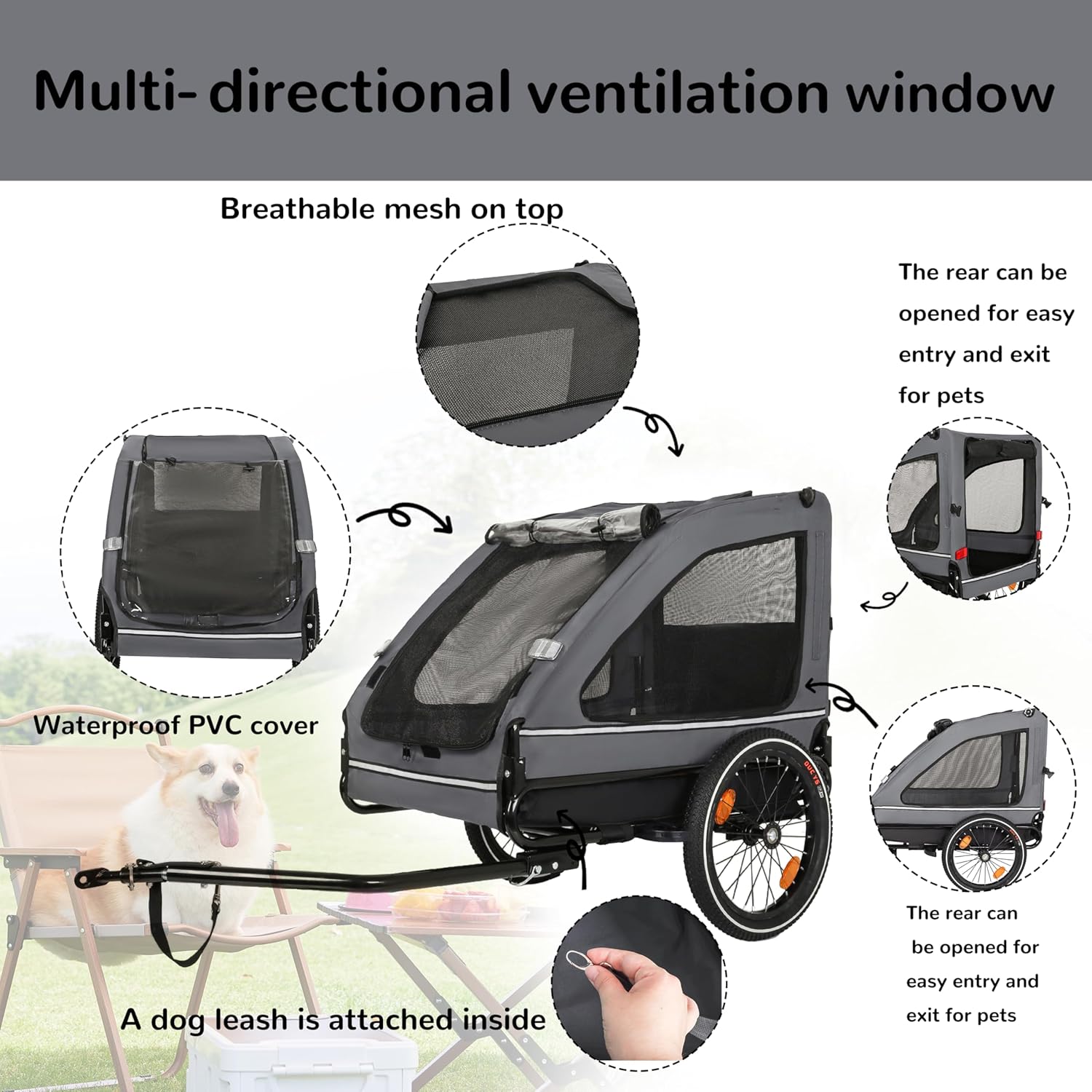 Pet Bike Trailer Dog Cart for Bicycle,Suitable for Small and Medium Pets, Easy Folding Cart Frame, Quick Release Wheel, Non-Slip Floor, Internal Leash, Black+Grey
