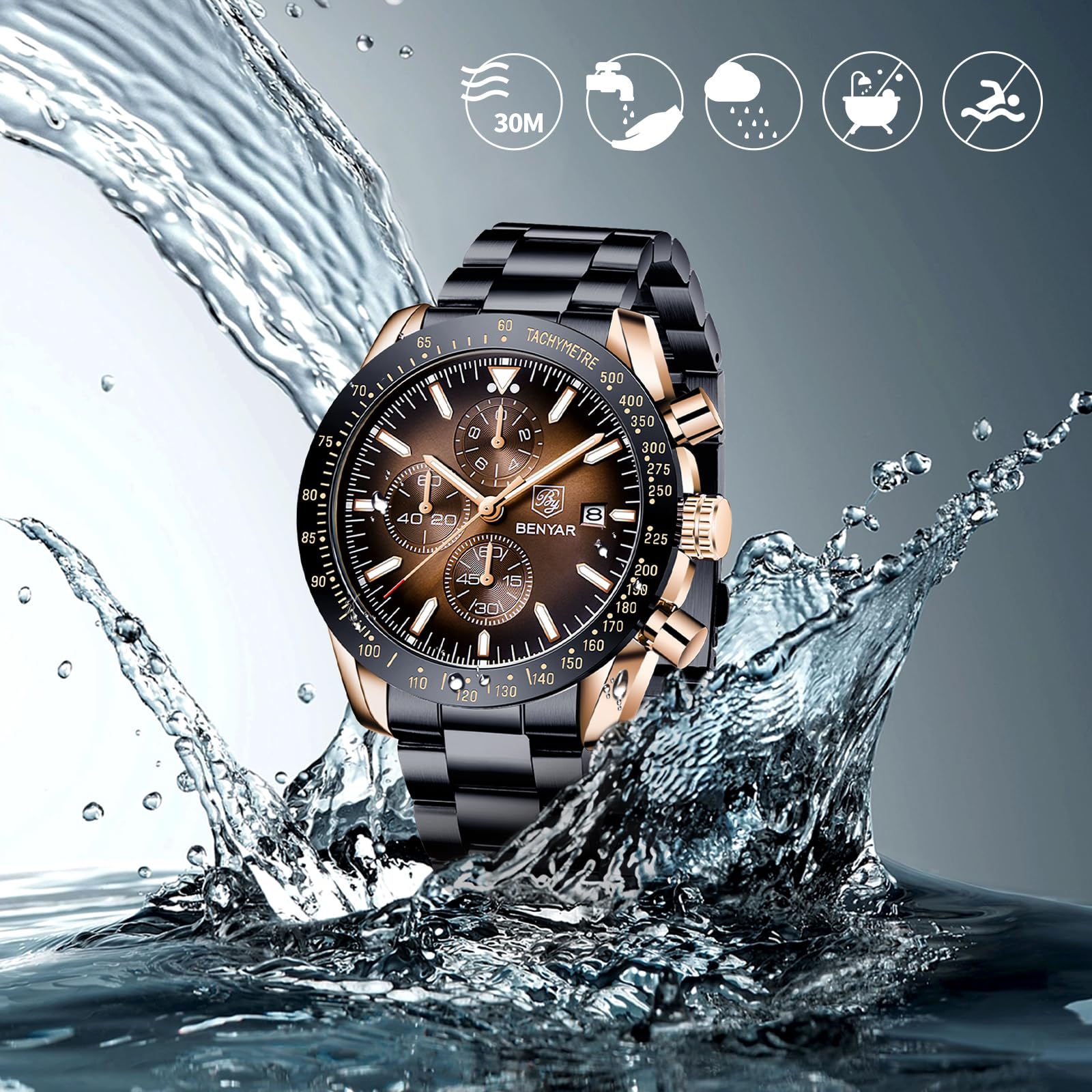 Benyar Orologio da Polso Uomo Analogico Movimento al Quarzo Elegante Sportivo Impermeabile Cronografo Regalo per Uomo