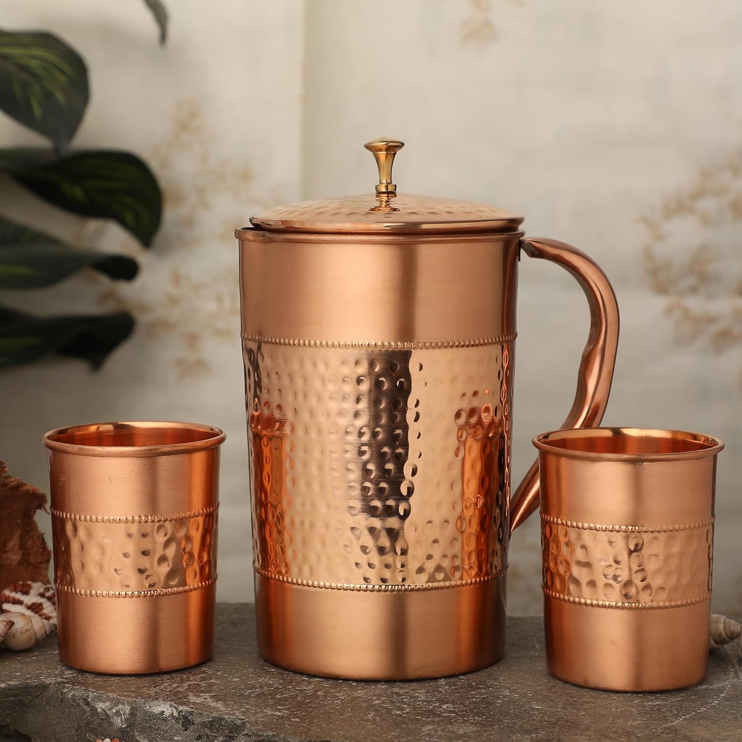 Pure Copper Water Jug with 2 Copper Tumblers (Hammered and Plain Pattern) For Ayurveda Health Benefits (With Straight Glass) - Image 7