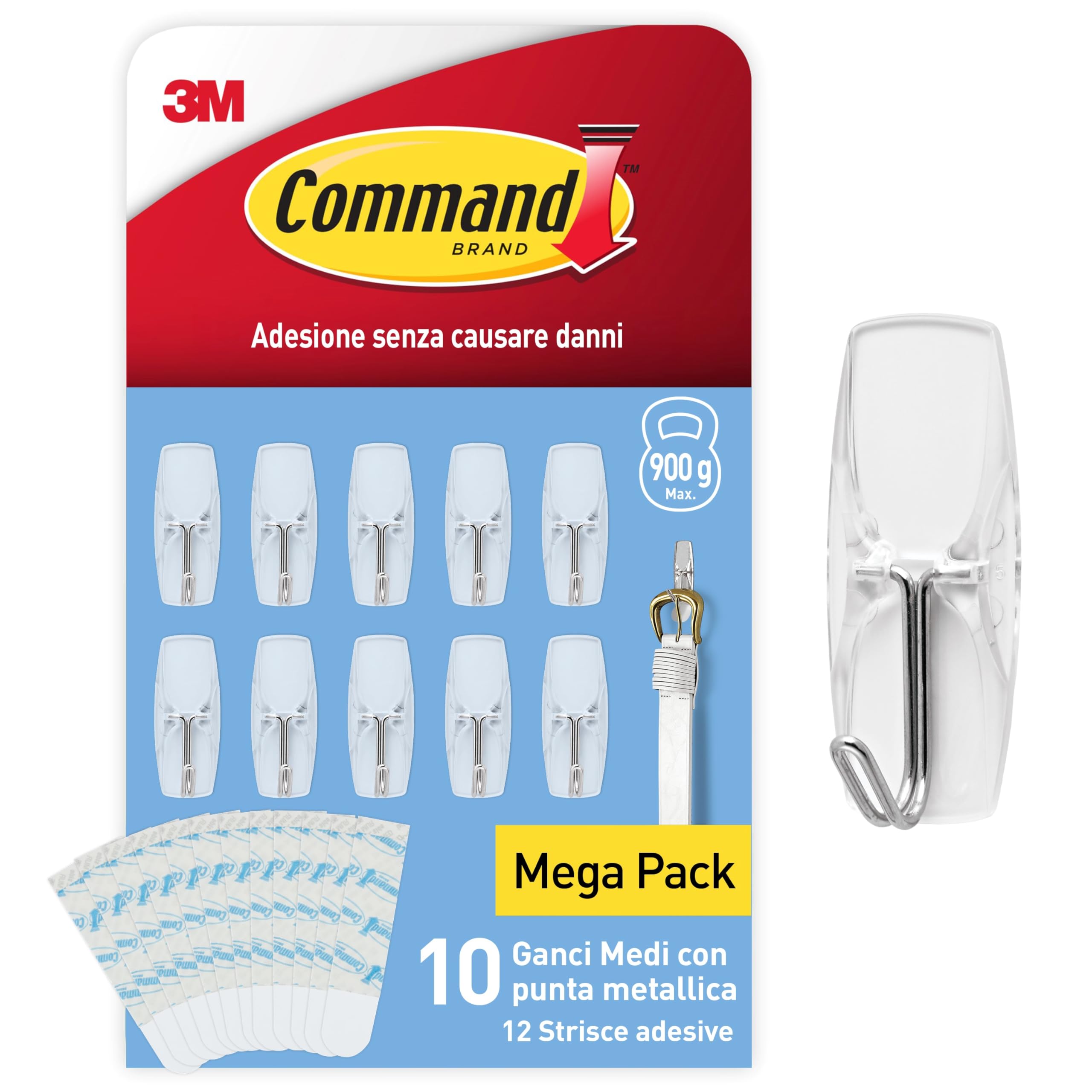 Command Ganci Medi Trasparenti Adesivi, 10 Ganci con Punta Metalica e 12 Strisce - Accessori Salvaspazio senza Forare il muro