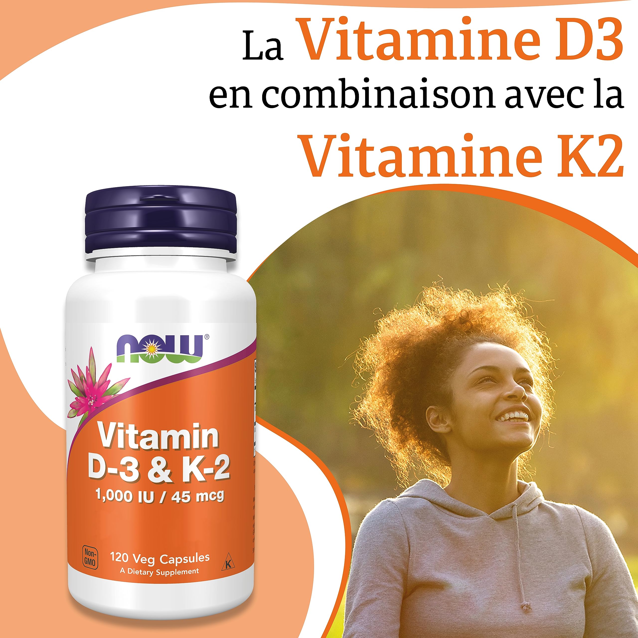 Now Foods, Vitamin D3 & K2, 1.000 UI, 120 Capsules végétaliennes, Testé en Laboratoire, Multivitamines, Sans Gluten, Sans Soja, Végétarien