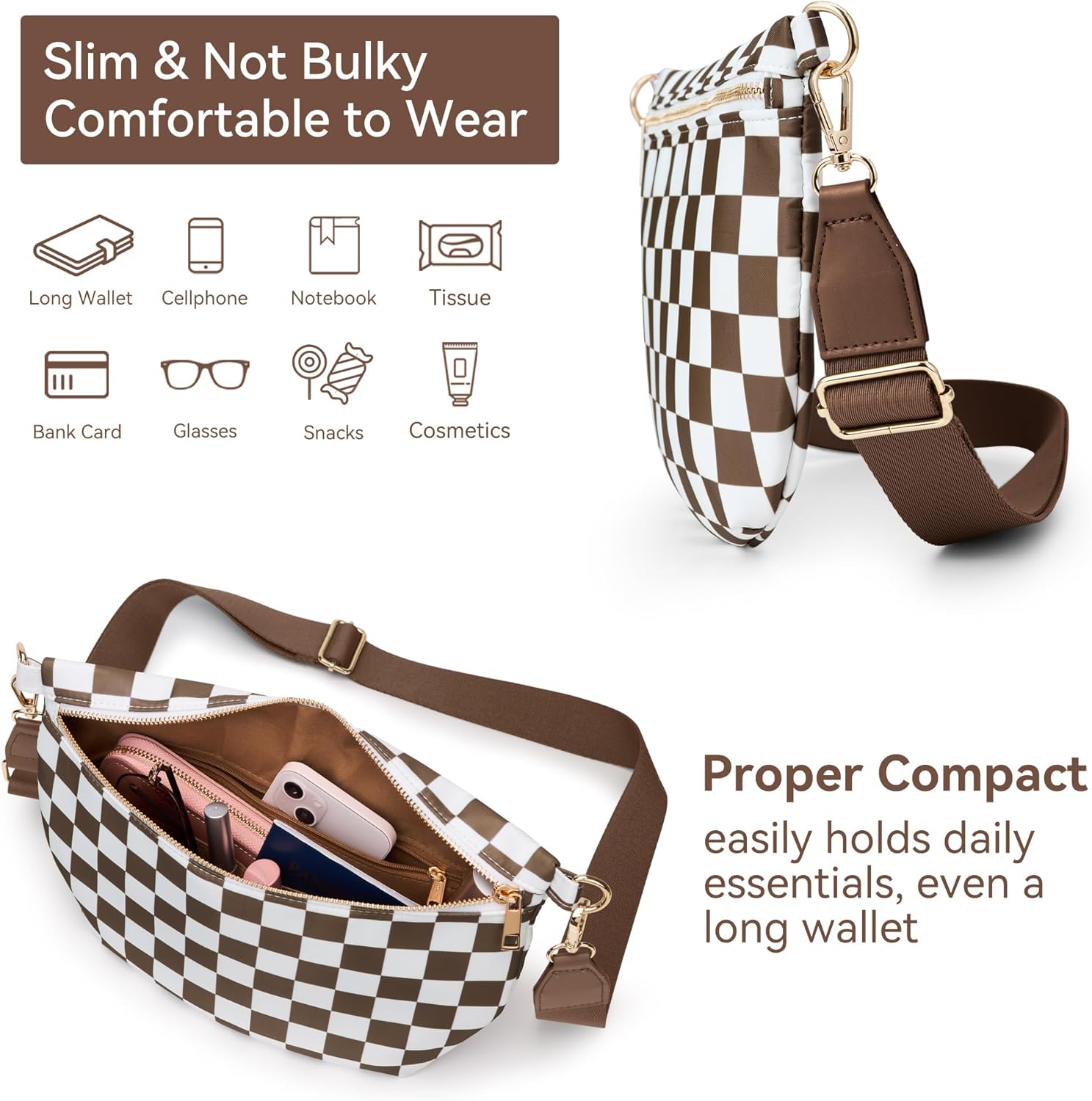 KALIDI Checkered Crossbody Bags for Women Travel Flat Fanny Packs for Woman Men Nylon Cross Body Purse Fashion Belt Bum Bag - Image 3