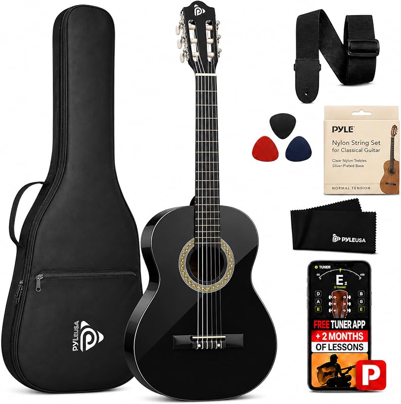 Beginner Acoustic Guitar Kit, 1/2 Junior Size All Wood Instrument with Full Accessory Kit, Picks, Shoulder Strap, Carry Case, Cleaning Cloth, Tuner App, 2 Month Lessons, 34”