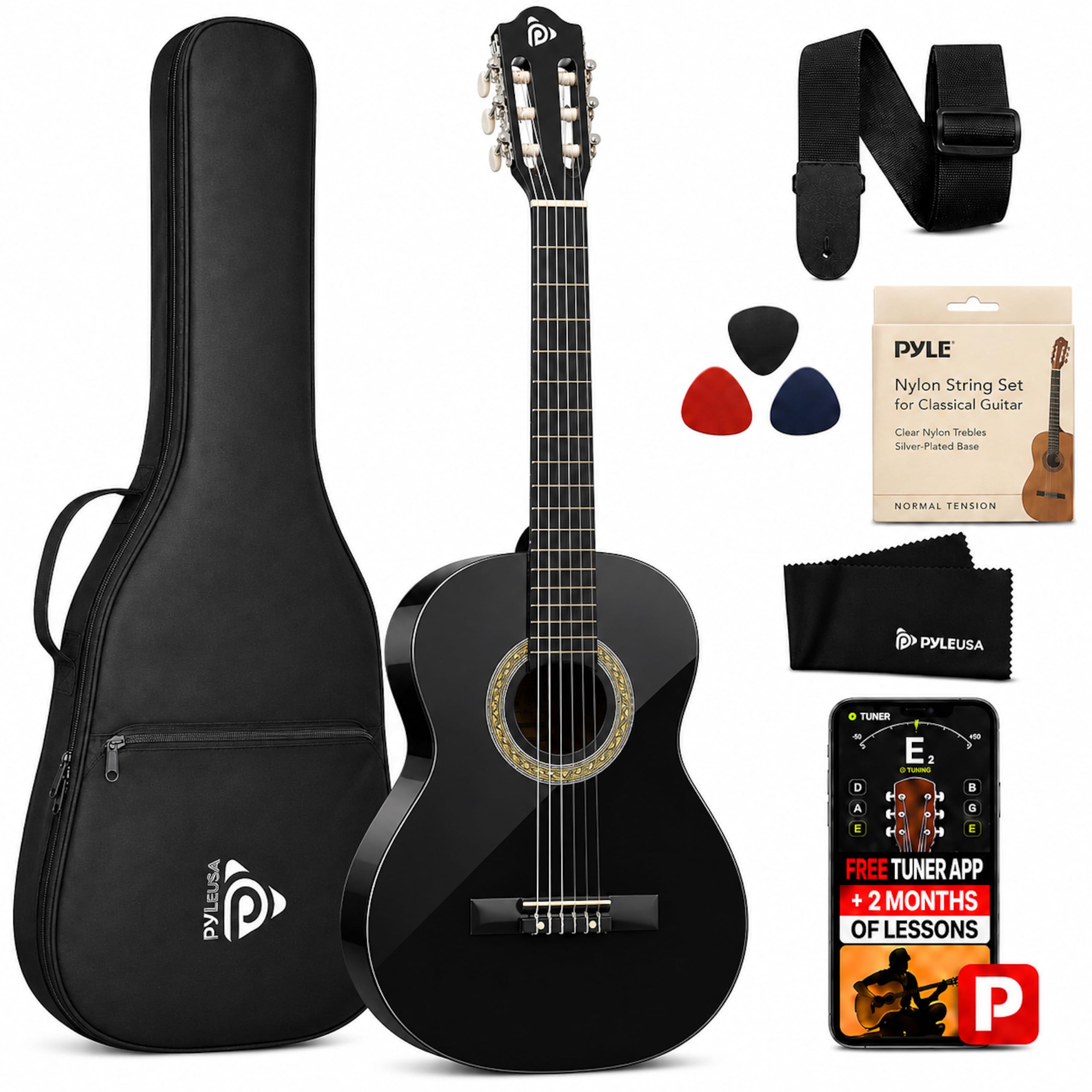 Pyle Zestaw do gitary akustycznej dla początkujących, 1/4 Junior Size All Wood Instrument dla dorosłych, dzieci, 76 cm czarny matowy