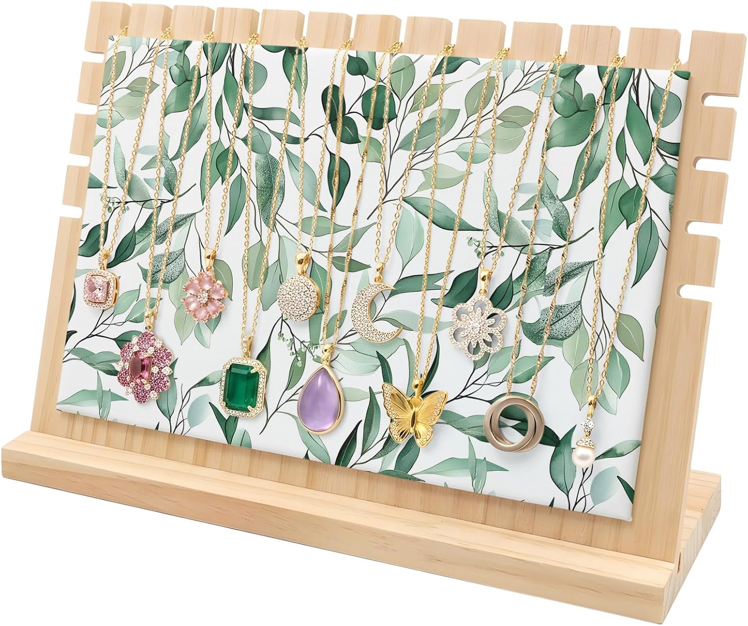 Necklace Display Stand,Watercolor Eucalyptus Leaves Wooden Pendant Necklaces Holder Stands with PU Panel Green Plant Jewelry Rack Organizer for Vendors and Home,12x3x8in