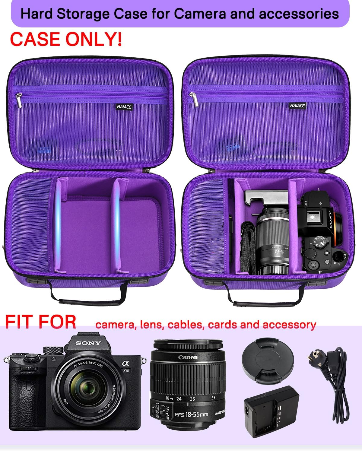 RAIACE Hard Case Compatible with Sony Alpha 7 II III IV/7R V Camera, for Nikon, for Canon, for Pentax and More.Large Capacity With Mesh Pocket for Lens, Charger, Cables, Cards and Accessories.-Purple - Image 2