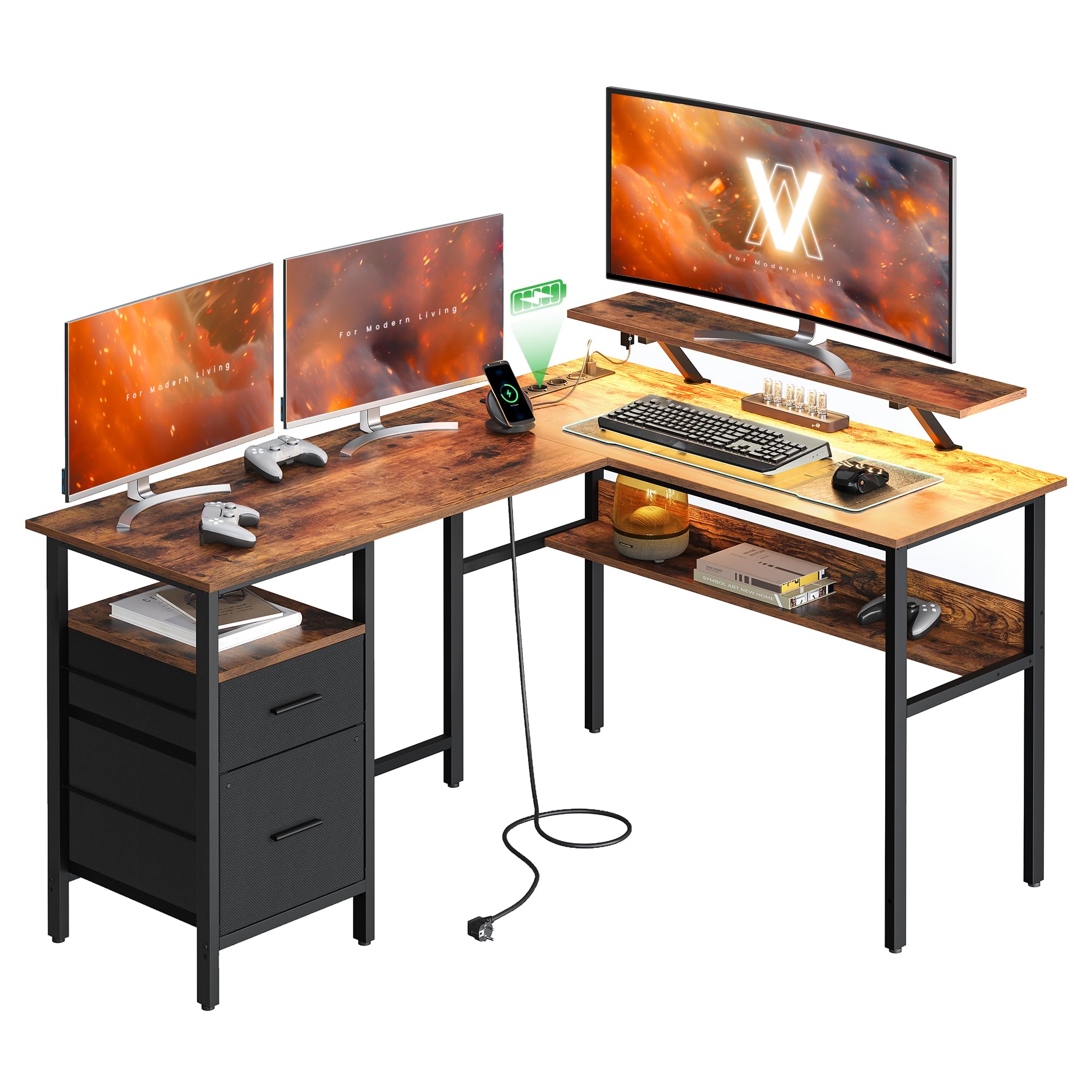 CubiCubi L-Schreibtisch Mit LED Beleuchtung - Gaming Tisch 105x80cm Mit Steckdosen Und Monitorständer