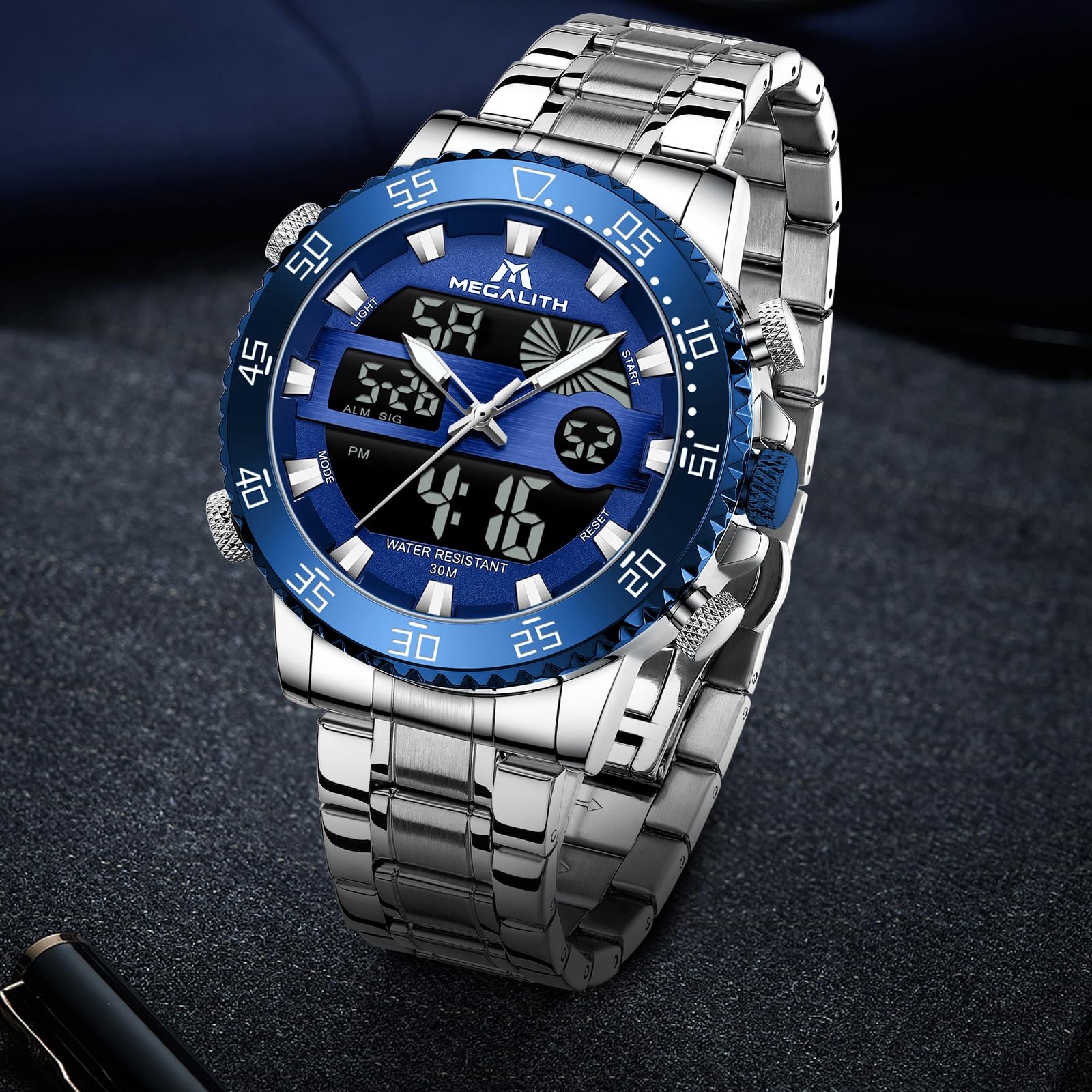 MEGALITH Orologio Uomo Digitale Analogico: Multifunzione Grande Quadrante | Impermeabile Acciaio Inossidabile Orologi da Polso con LED - Regalo per Affari Lavoro Uomo Anniversario Compleanno