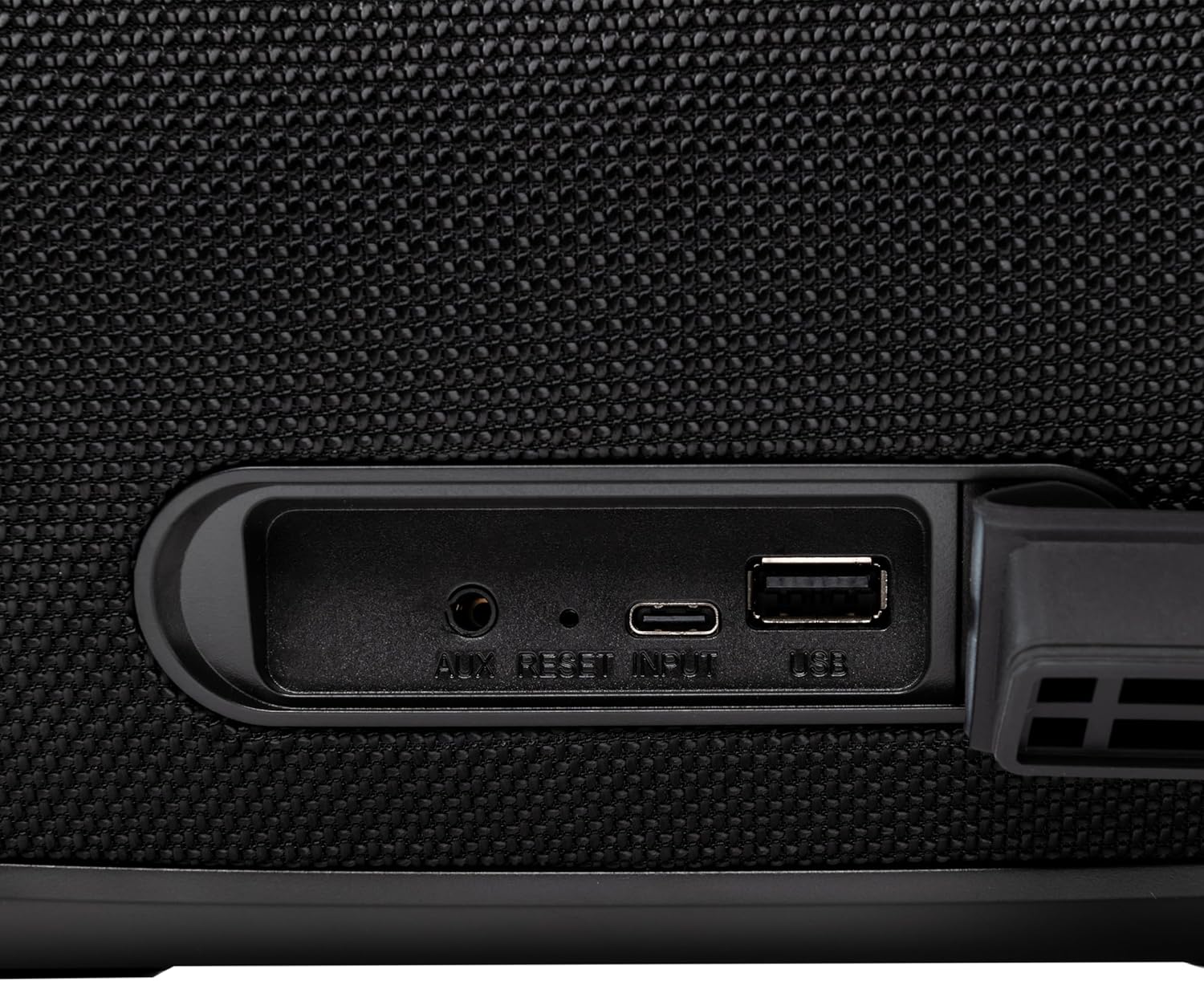 Close-up of TELLUR Obia PRO speaker input ports: AUX, Reset, Input, USB