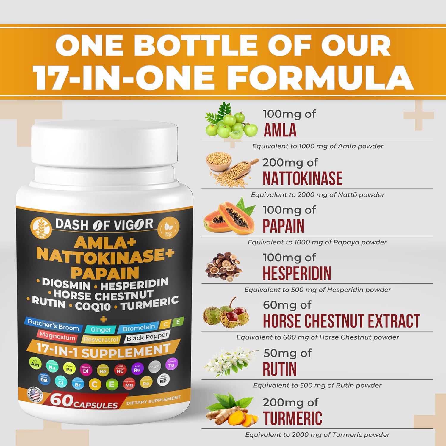 Dash of Vigor Amla Extract, Nattokinase, Papain, Diosmin, Hesperidin, Butchers Broom, Horse Chestnut, CoQ10, Turmeric, Vitamin C and Rutin - 60 Capsules