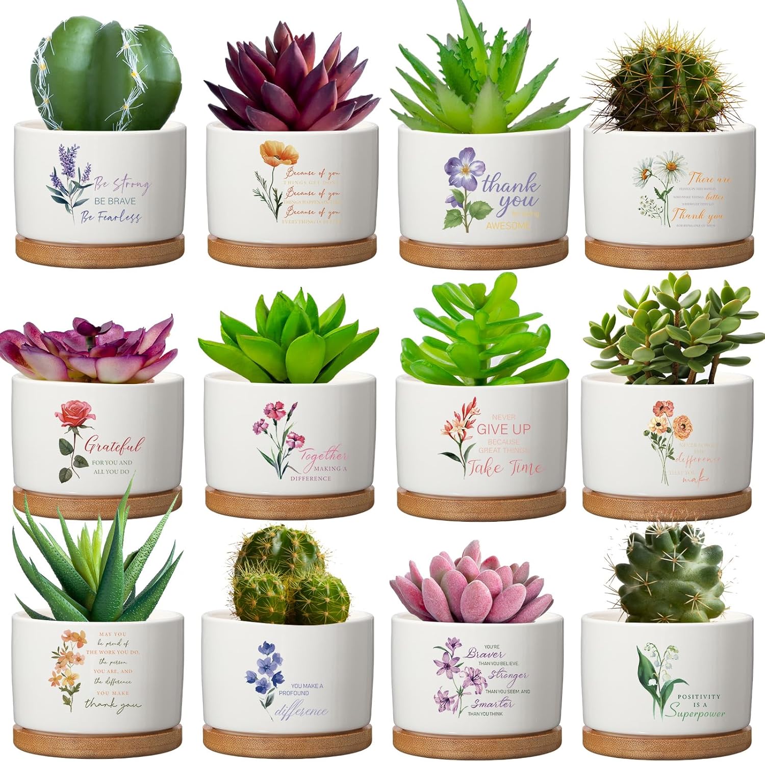12 Pcs Inspirational Succulent Pot Bulk Teacher Appreciation Gift Floral Ceramic Planter with Bamboo Tray Thank You Gifts for Volunteer Coworker Employee Office, Plant Excluded (Stylish)