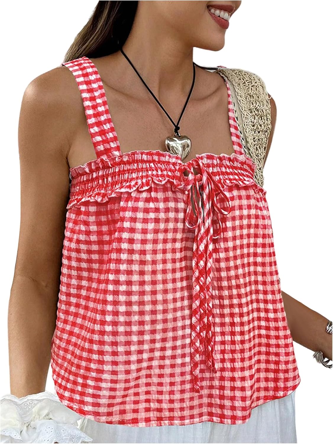 SOLY HUX Women's Plaid Gingham Tank Tops Bow Tie Front Shirred Sleeveless Summer Going Out Top
