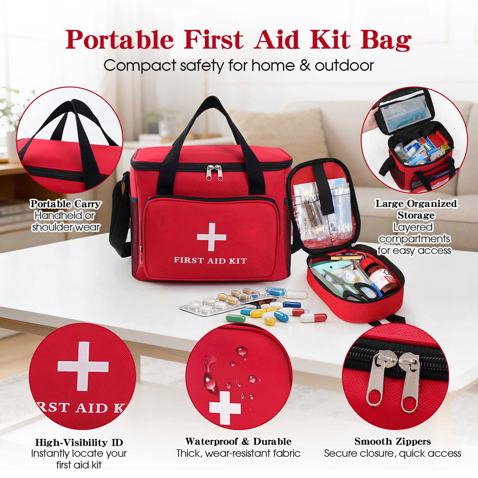 2 Piezas Botiquin de Primeros Auxilios, Bolsa Botiquin Viaje Gran Capacidad, Kit de Primeros Auxilios con Correa, Maletin Medico Multiusos, Botiquín para Viajar Casa Oficina Viajes, Rojo