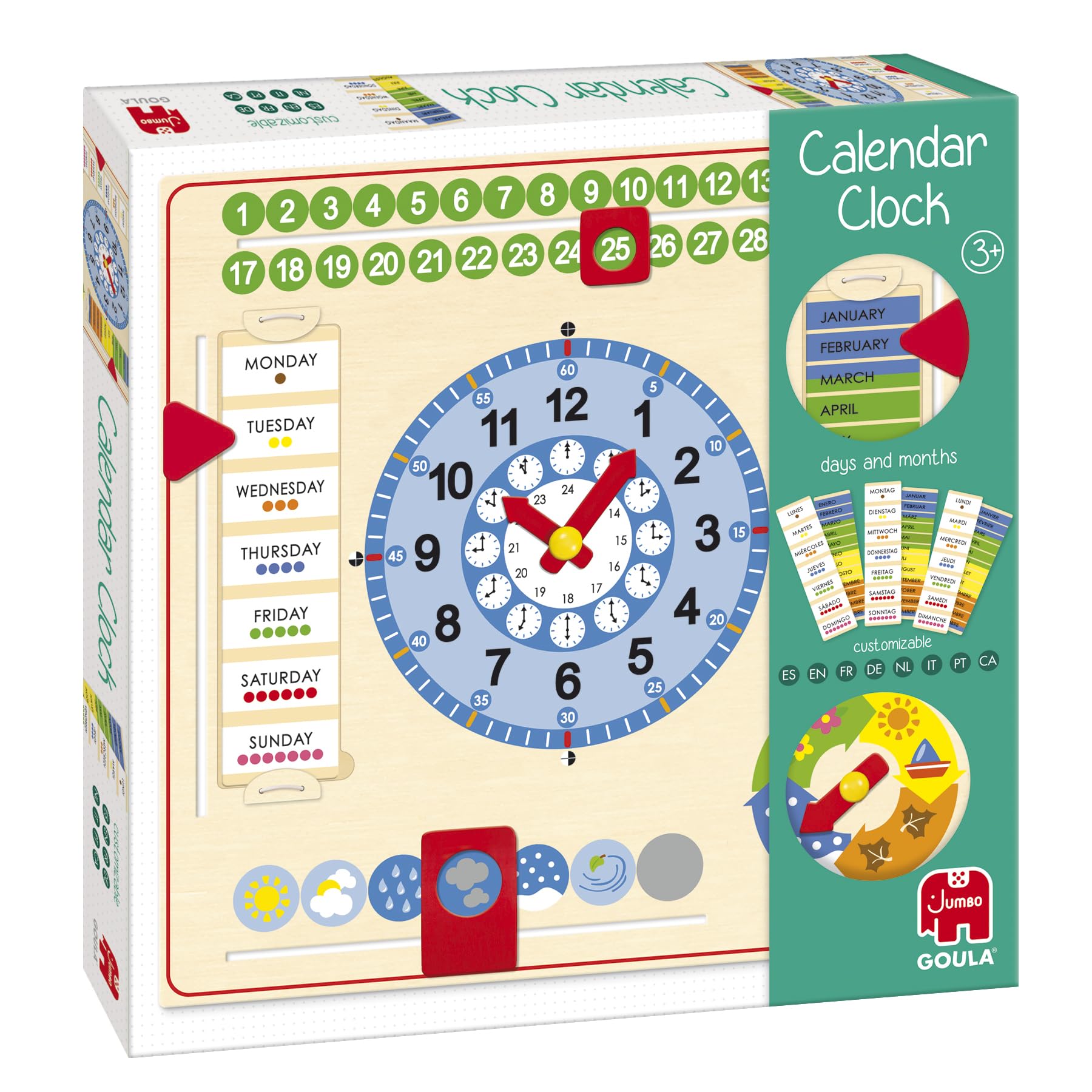 Goula Calendario – Orologio Calendario in Legno per Bambini – Giocattoli di apprendimento per Imparare l'ora, la Data, i Giorni della Settimana e Le Stagioni – da Parete o da Tavolo – Giocattoli