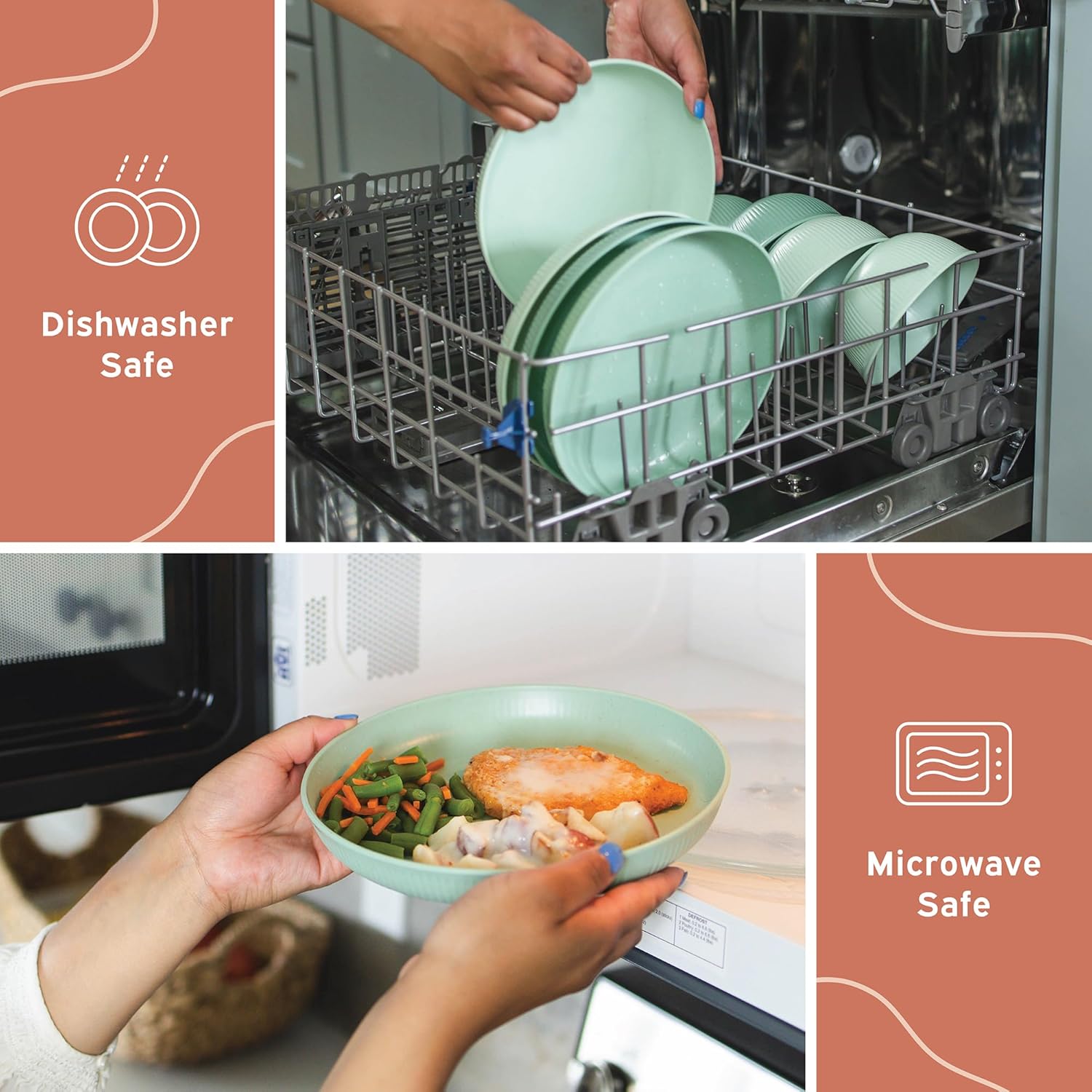 Wheat Straw Dinnerware Sets for 6, Microwave and Dishwasher Safe, Reusable and Durable, Unbreakable Cups, Plates and Bowls Sets, Lightweight Dishes for Kitchen, RV, Camping, Kids, 18-piece Sage - Image 4