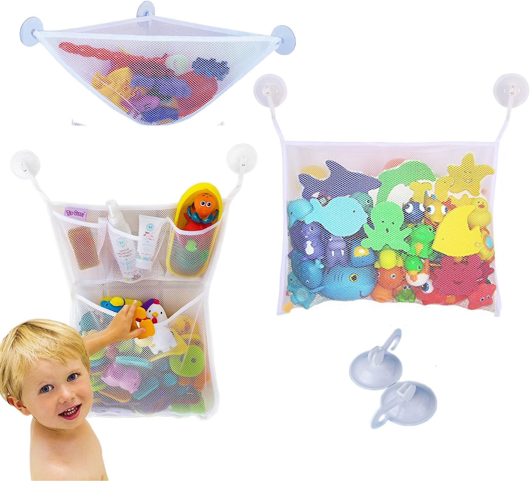 Yizish 3 x Bath Toy Organizer, Baby Bath Toys Storage Bag Corner Net with 6 Heavy Duty Lock Suction Cups for Kids, Babies