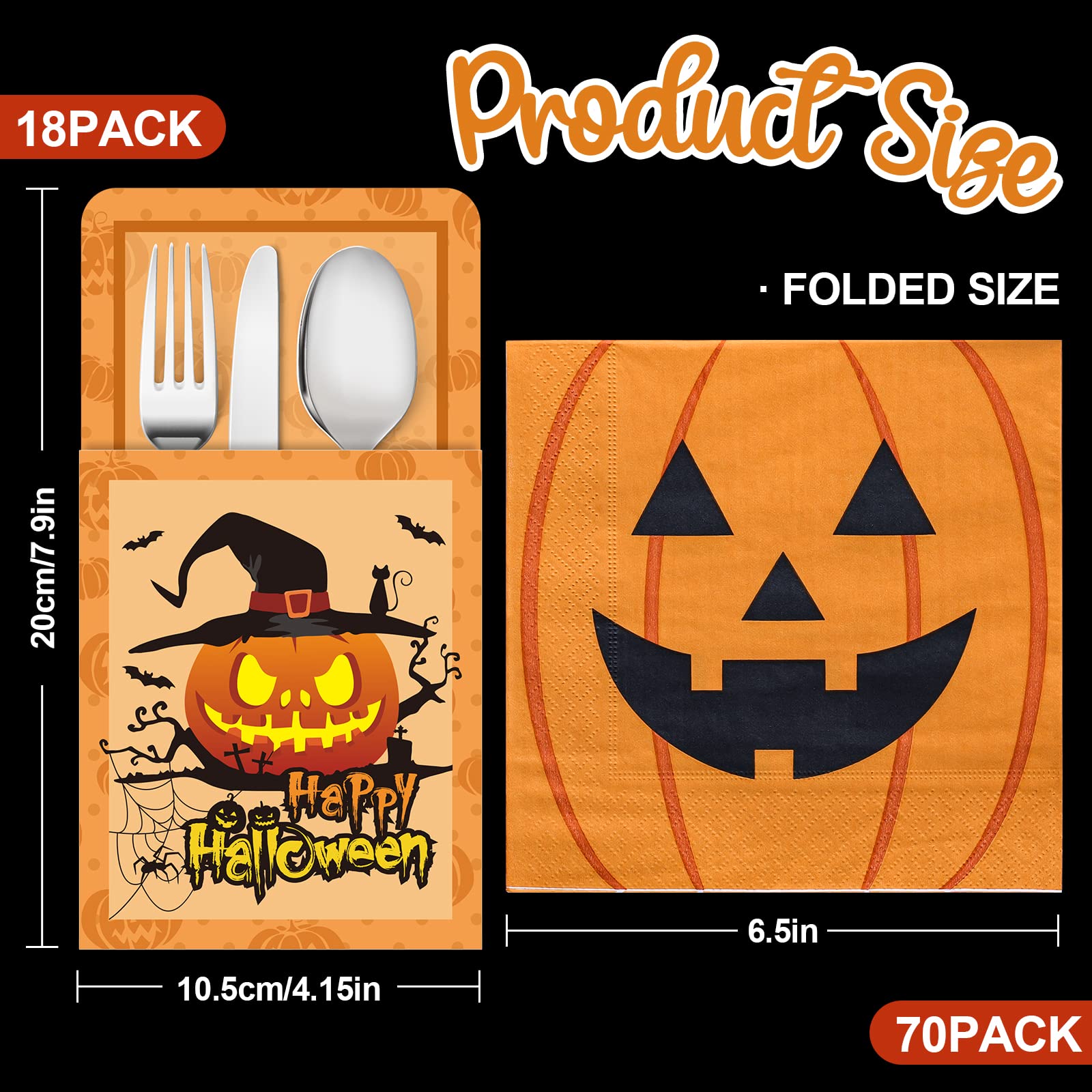 Whaline Halloween-Papierservietten – 50 Stück, Schwarz, Mit Skelett & Kürbis-Motiv, 16,5x16,5 Cm (gefaltet)