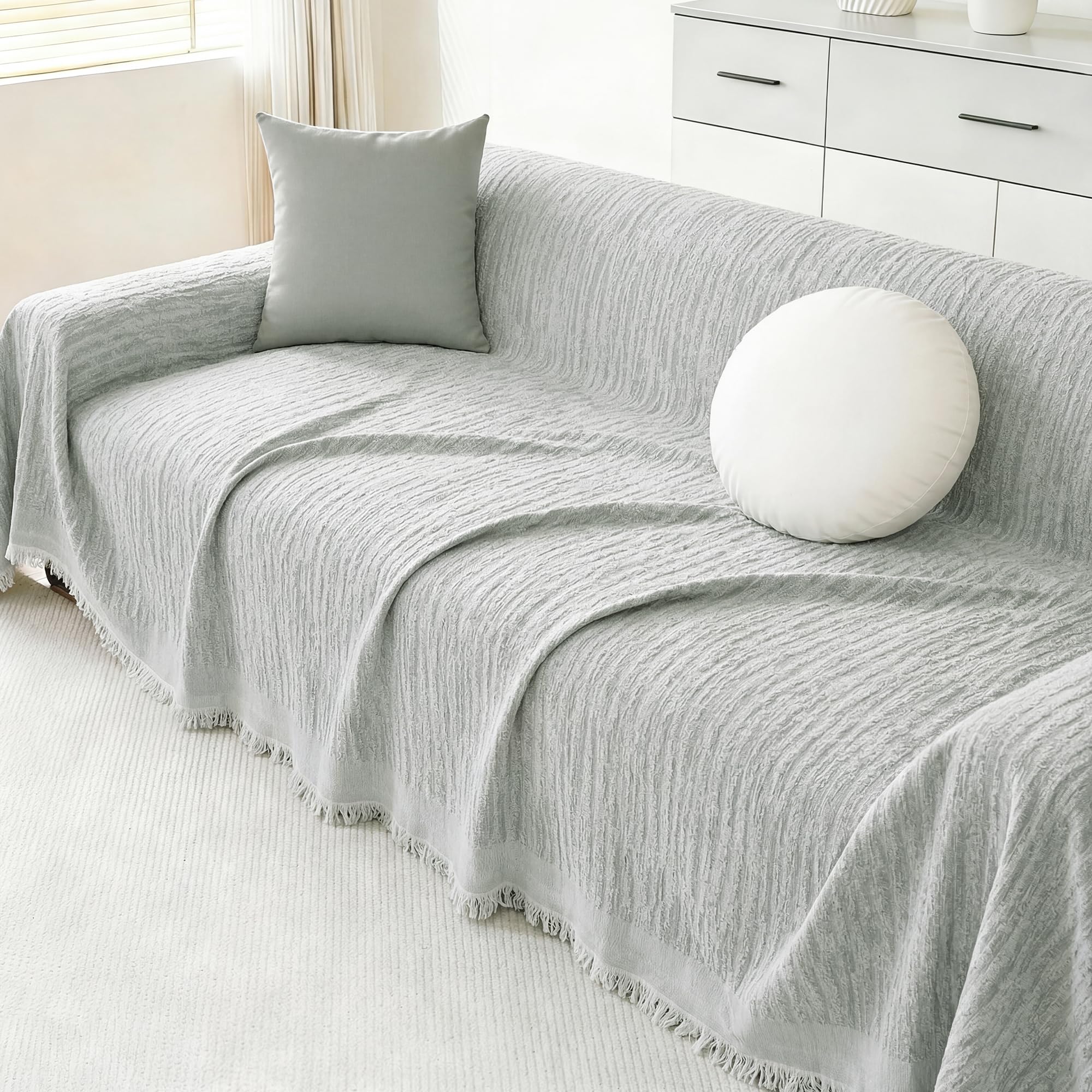 Edlbaegy Boho Sofa Cover 2 Seater Chenille Sofa Slipcovers AB Double-Sided Corner Couch Covers with Tassel Washable Settee Protector for Furniture Loveseat Futon L Shaped Sofa (Light Grey,180x260cm)