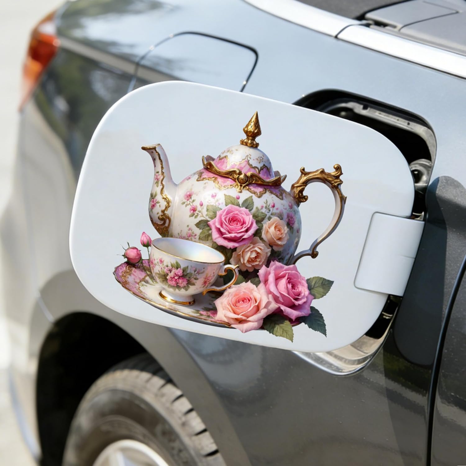 Waterproof 5.5 Inch Floral Teapot and Teacup Vinyl Sticker – Glossy Pink Rose Car Sticker Durable Car Decals, Decorative Bumper Stickers Removable Car Stickers Cars SUVs Motorcycles Laptops 2 Pack image 5