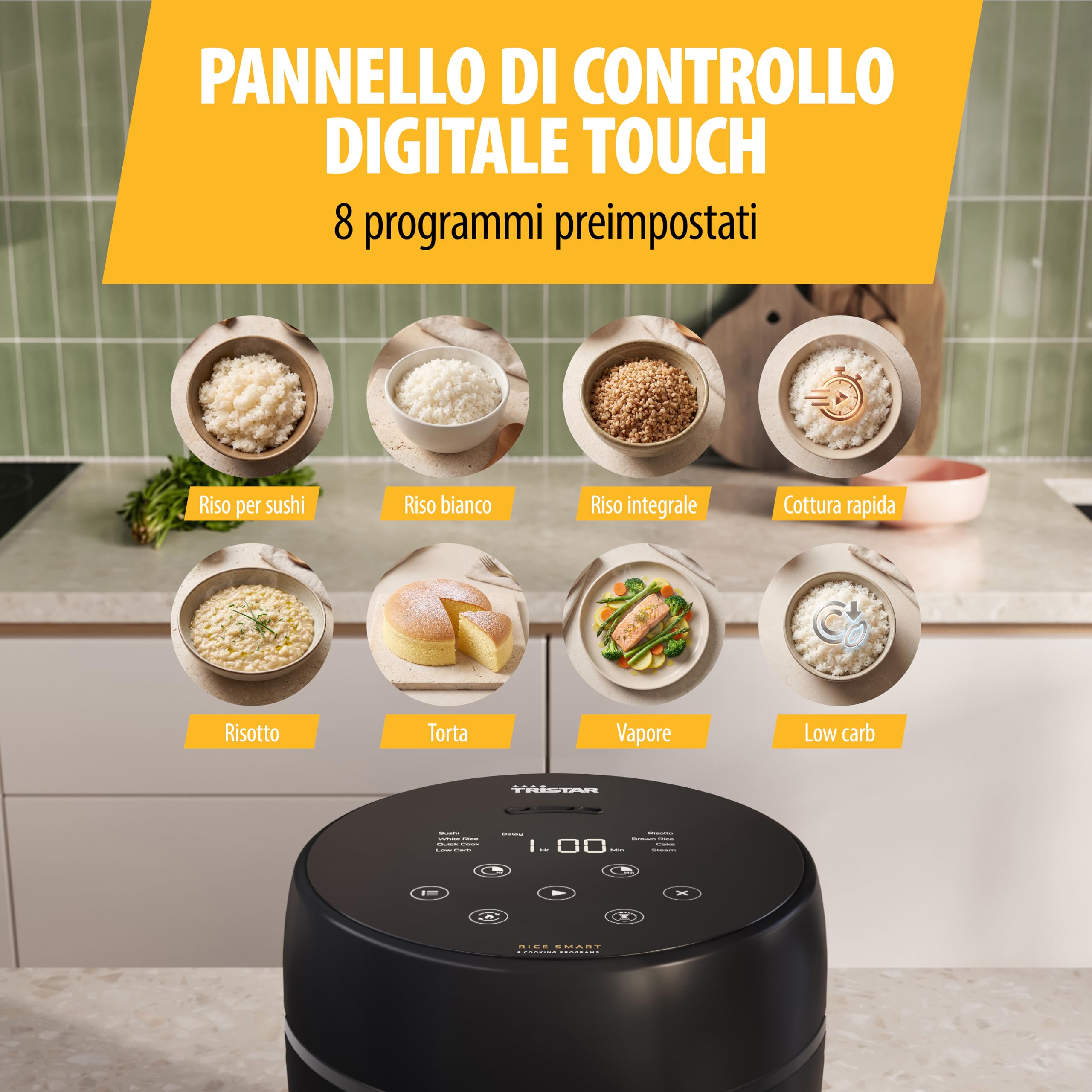 Tristar Cuociriso Digitale con Funzione Low Carb, 8 Programmi Automatici, Capacità 0,6 L di Riso, Pannello Digitale, Facile da Pulire, RK-6238