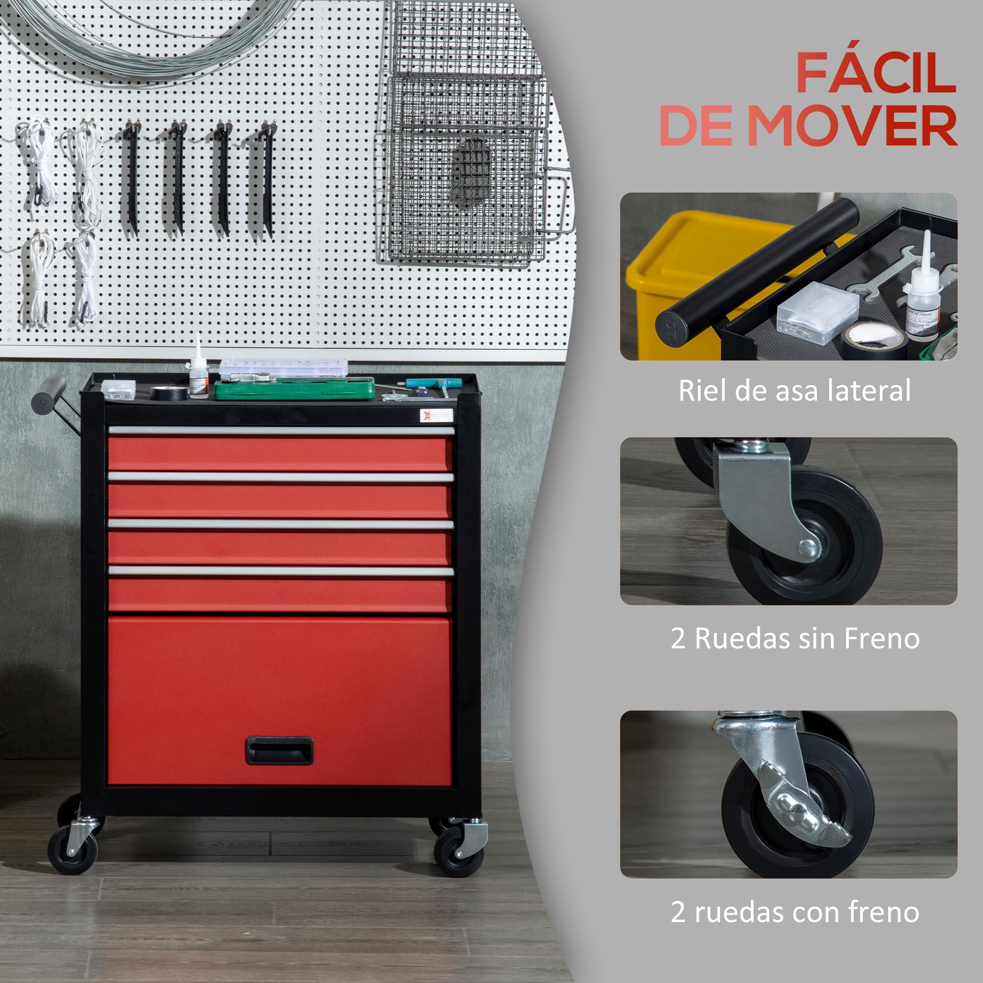 DURHAND Carro de Herramientas con Ruedas Taller Móvil con 1 Armario de Almacenamiento 1 Asa Lateral y 4 Cajones Carga 130 kg para Talleres Hogar 69x33x75 cm Negro y Rojo