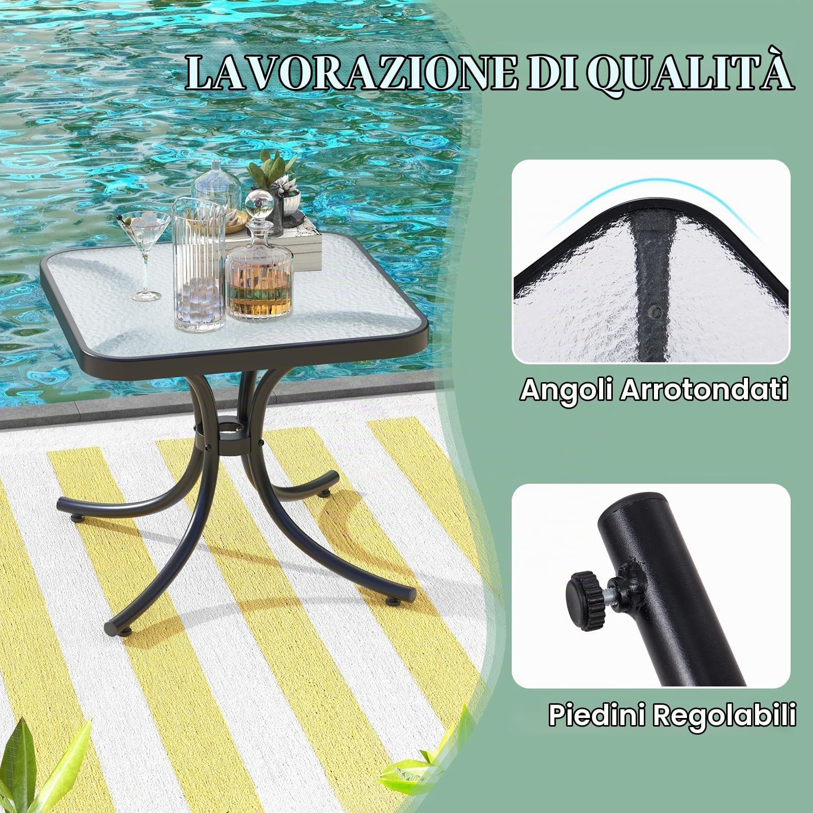 KOMFOTTEU Tavolo da giardino in vetro temperato, tavolino ausiliario con telaio in metallo, tavolo da pranzo quadrato per esterni e interni, tavolino da salotto per terreza, balcone, patio, 50 x 50 x