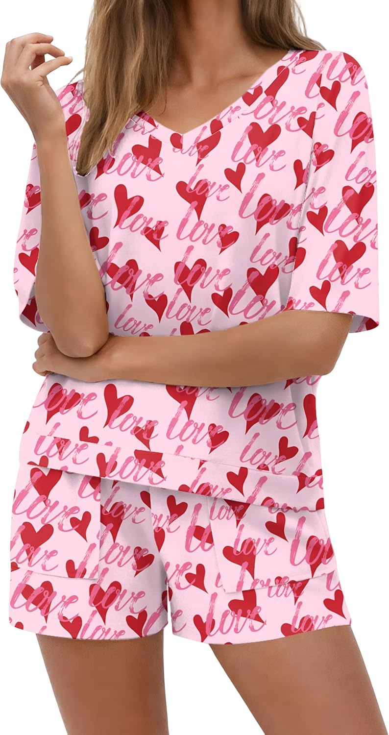 Ekouaer Lounge Sets for Women V Neck Womens Pajama Sets Two Piece Short Sets Summer Vacation Outfits with Large Pockets