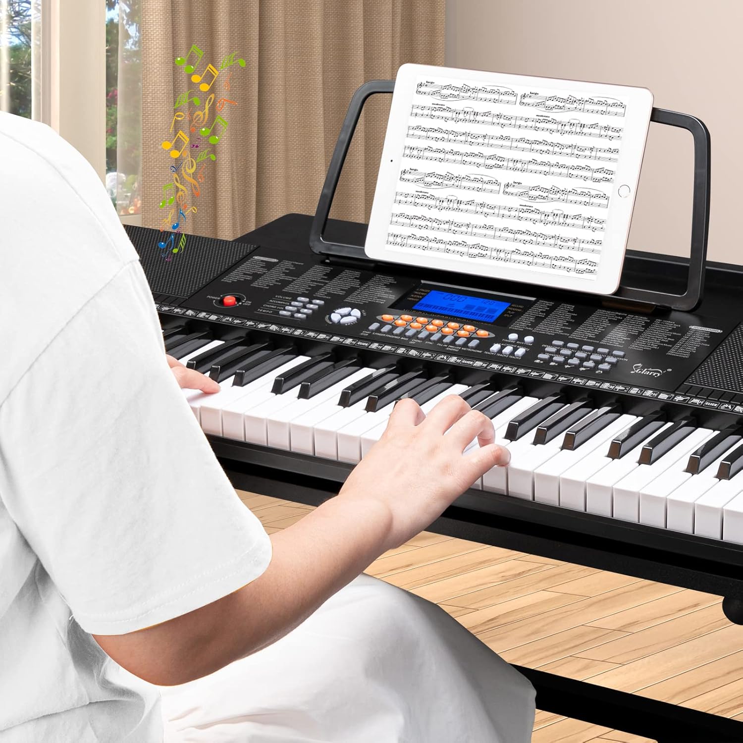 GLARRY 61-Key Portable Electronic Piano Keyboard w/LCD Screen, Microphone, Headphones, Sheet Stand, Power Supply, 3 Teaching Modes, Built-In Speakers, Dual Keyboard