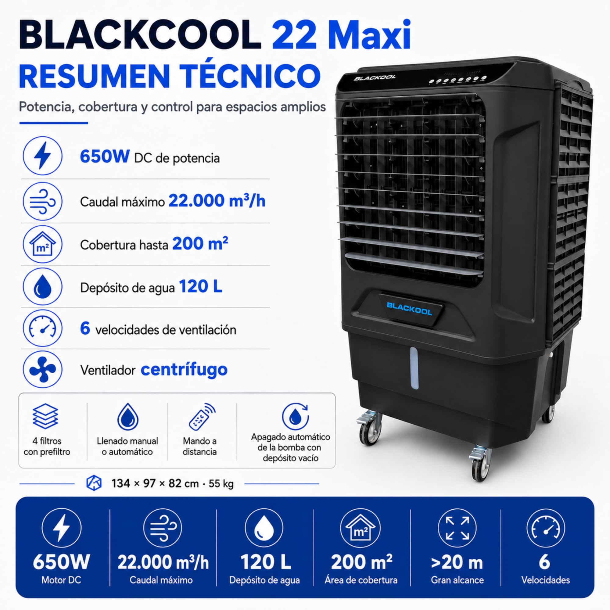 Climatizador Evaporativo Industrial VONALA BLACKOOL 22 MAXI – Enfriador de Aire Profesional con Lámpara UV y WiFi, Depósito 120L, Caudal 22000 m³/h, Cobertura 200m²