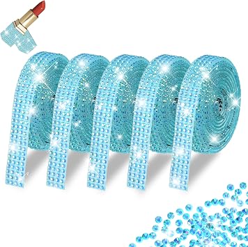 5 Rolls Rhinestone Ribbon Self Adhesive Aquamarine AB Crystal Strips for DIY Crafts, 4 Rows Jelly Gem Tape for Mermaid, Wedding Decor, Car, Clothes, Cup Customization