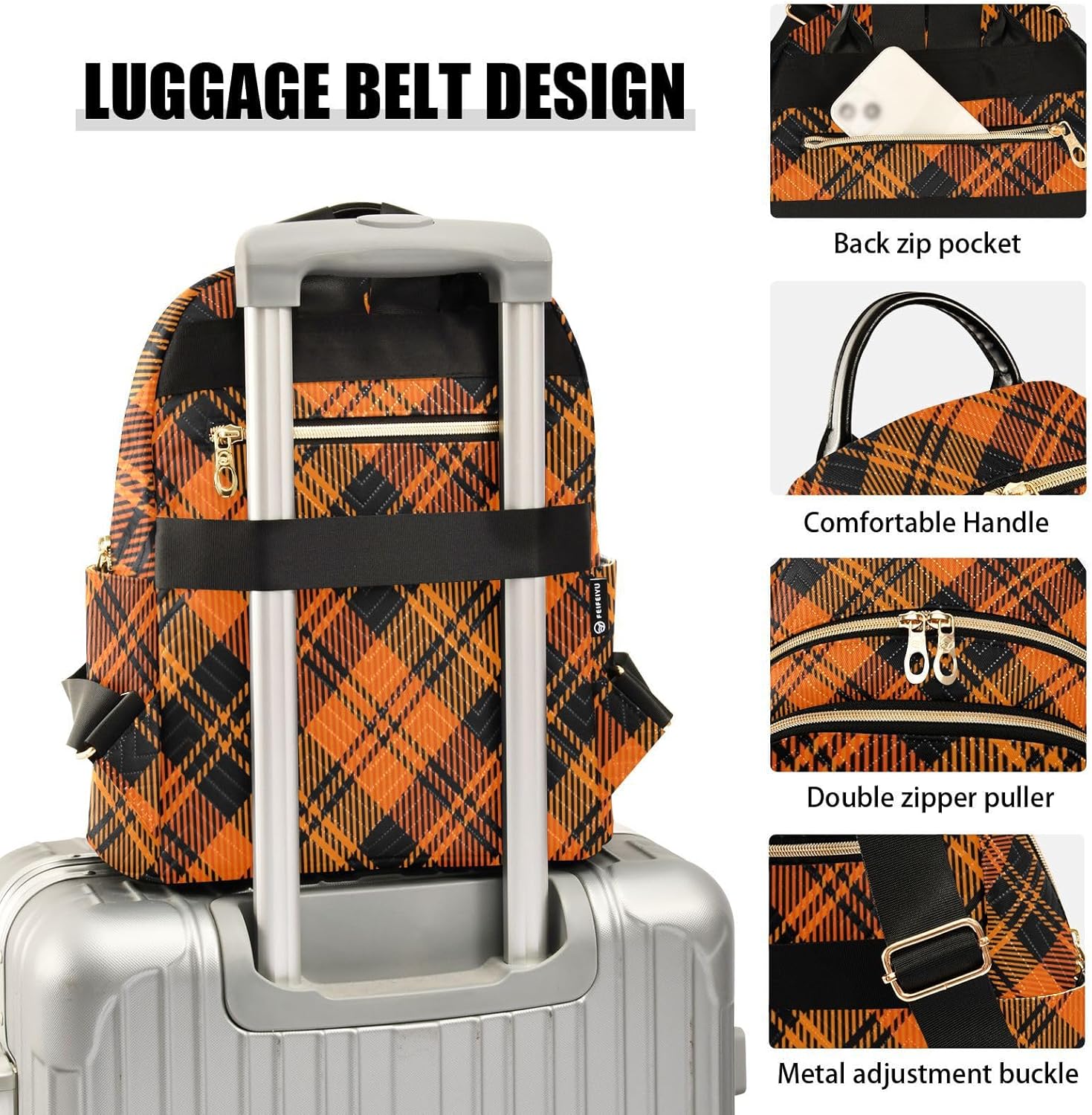 JIPONI Orange Black Buffalo Plaid Backpack Purse for Women Lightweight Back Pack Casual Daypack Travel Shoulder Bag Bookbag - M - Image 4