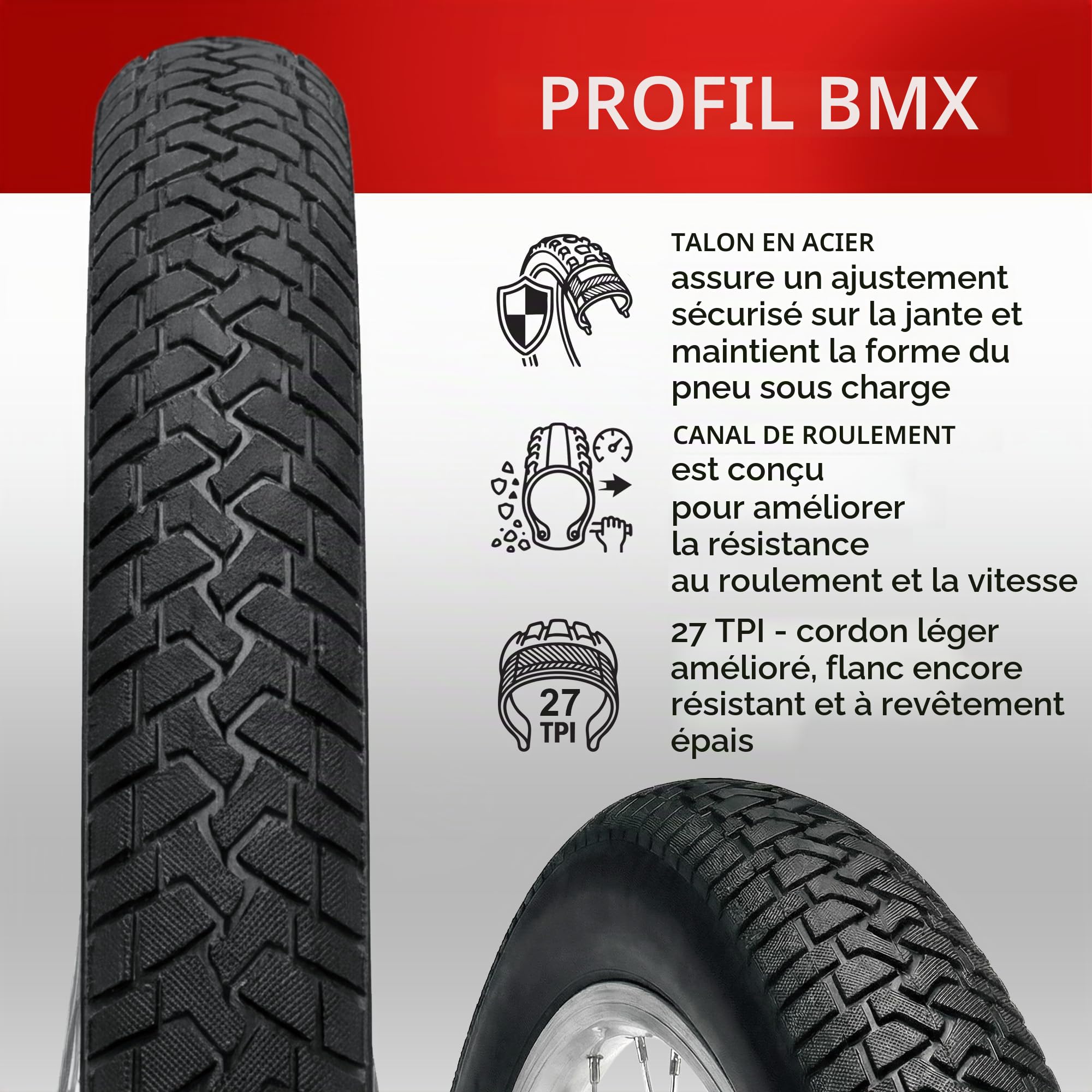 Fincci Pneu BMX 20 Pouces 20x2.10 ETRTO 56-406 Kit avec Chambre Schrader | Pneu Pliable avec Protection Anti-Crevaison Nylon de 2.5 mm et Carcasse 27 TPI pour Tricycle, Route et BMX Freestyle
