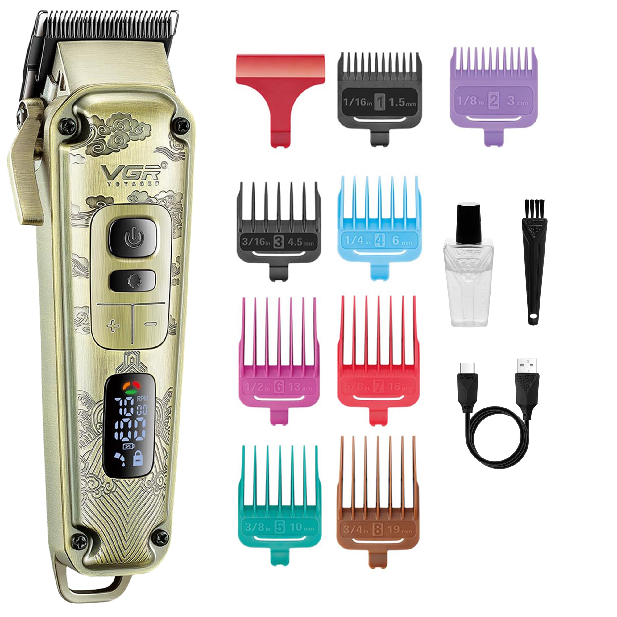 VGR Cortapelos para hombre inalámbrico con palanca cónica, kit de corte de pelo profesional eléctrico para corte de pelo de cabeza con cuchillas de cerámica, 7000 rpm, recargable a través de batería