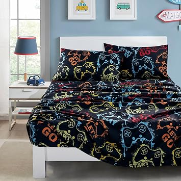 Chezmoi Collection 4-Piece Kids/Teens Gamer Sheet Set - Soft Microfiber Multi-Color Video Games Gamepad Whimsical Fun Kids Sheets, Queen Size