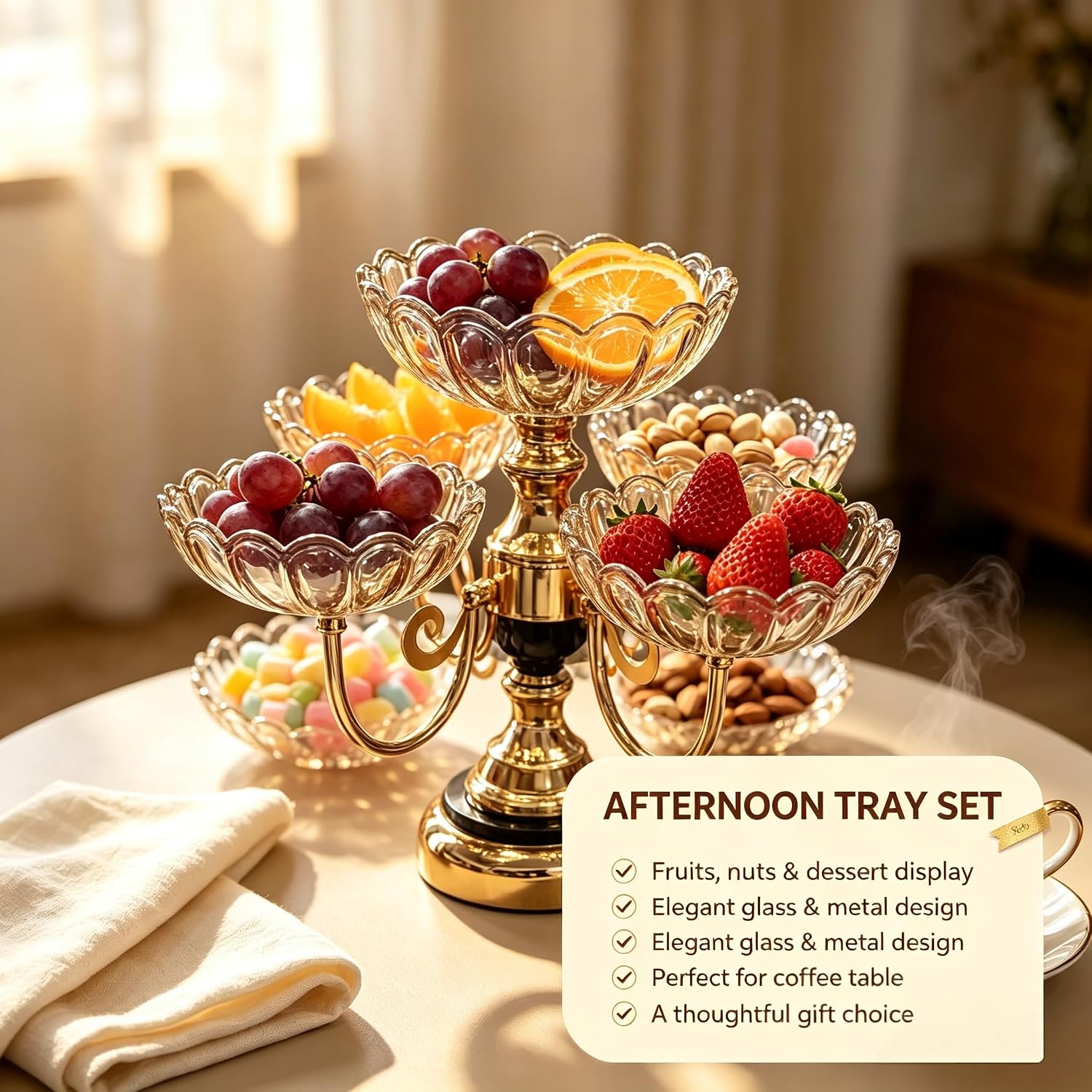 Rotatable 5 Plate Amber Electroplated Glass Fruit Serving Stand 1 Large Fixed Bowl 4 Rotatable Small Bowls Gold Metal Snack Tray Decorative Candy Nut Dessert Display for Dining Table Home Party Decor