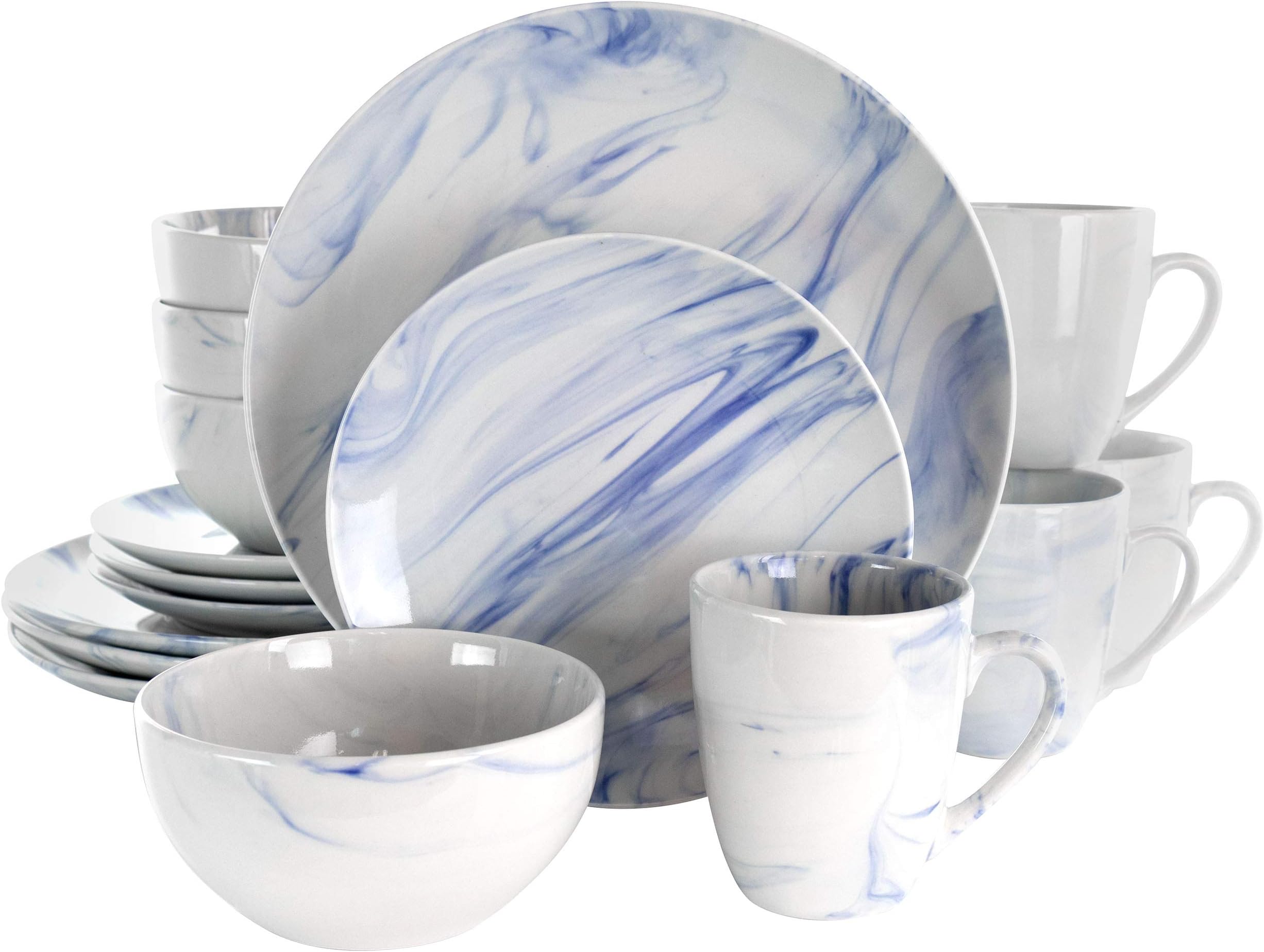 Elama Fine Marble 16 Piece Stoneware Dinnerware Set in Blue and White